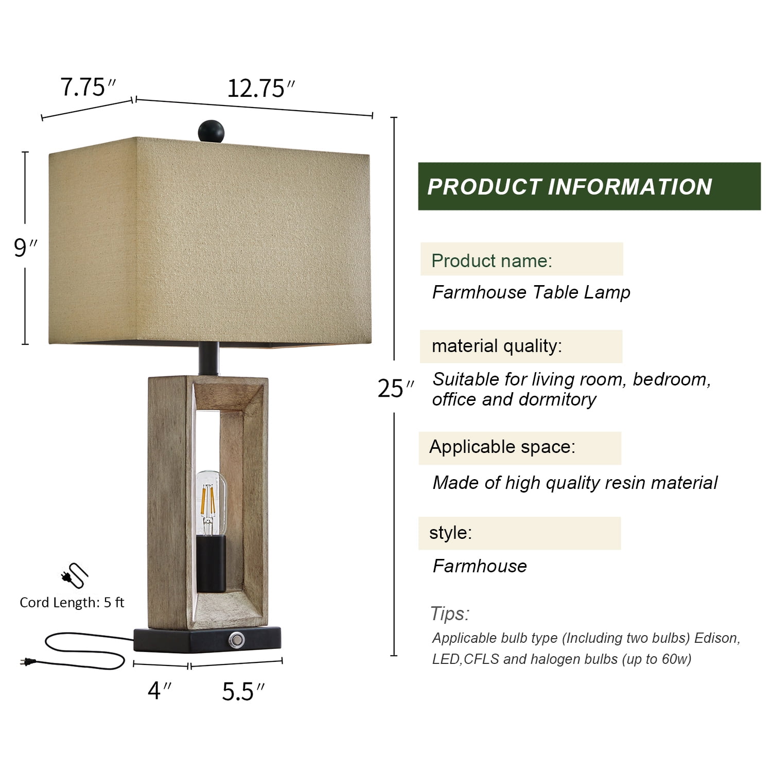 Yokila 3 Way Dimmable Touch Table Lamp Set of 2 with USB Ports for Living Room Bedroom 25" Retro Resin Bedside Nightstands Lamps(4 Bulbs Included) - Image 4