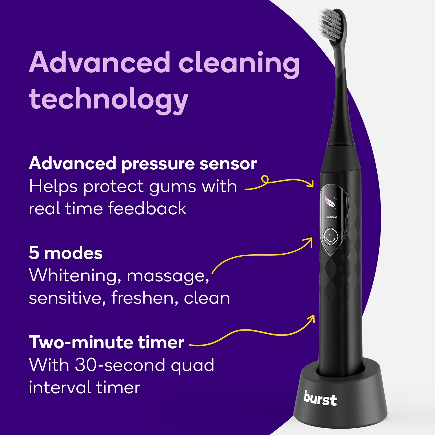 Burst Pro Sonic Toothbrush, Rechargeable Electric Toothbrush, Pressure Sensor, Black - Image 3
