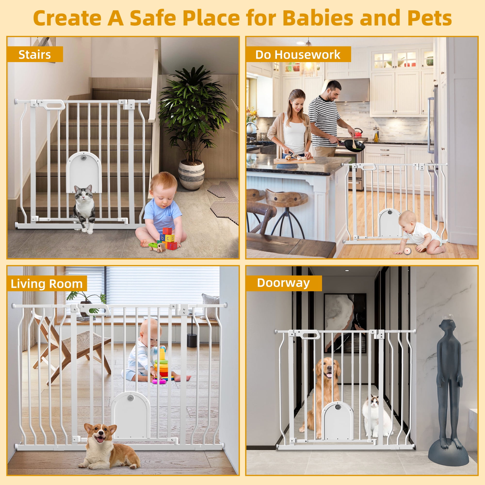 Wisairt Extra Wide Metal Baby Safe Gate with Pet Door for Stairway and Hallway,for Baby Toddler Children Age Group 6 to 24 Months(White) - Image 8