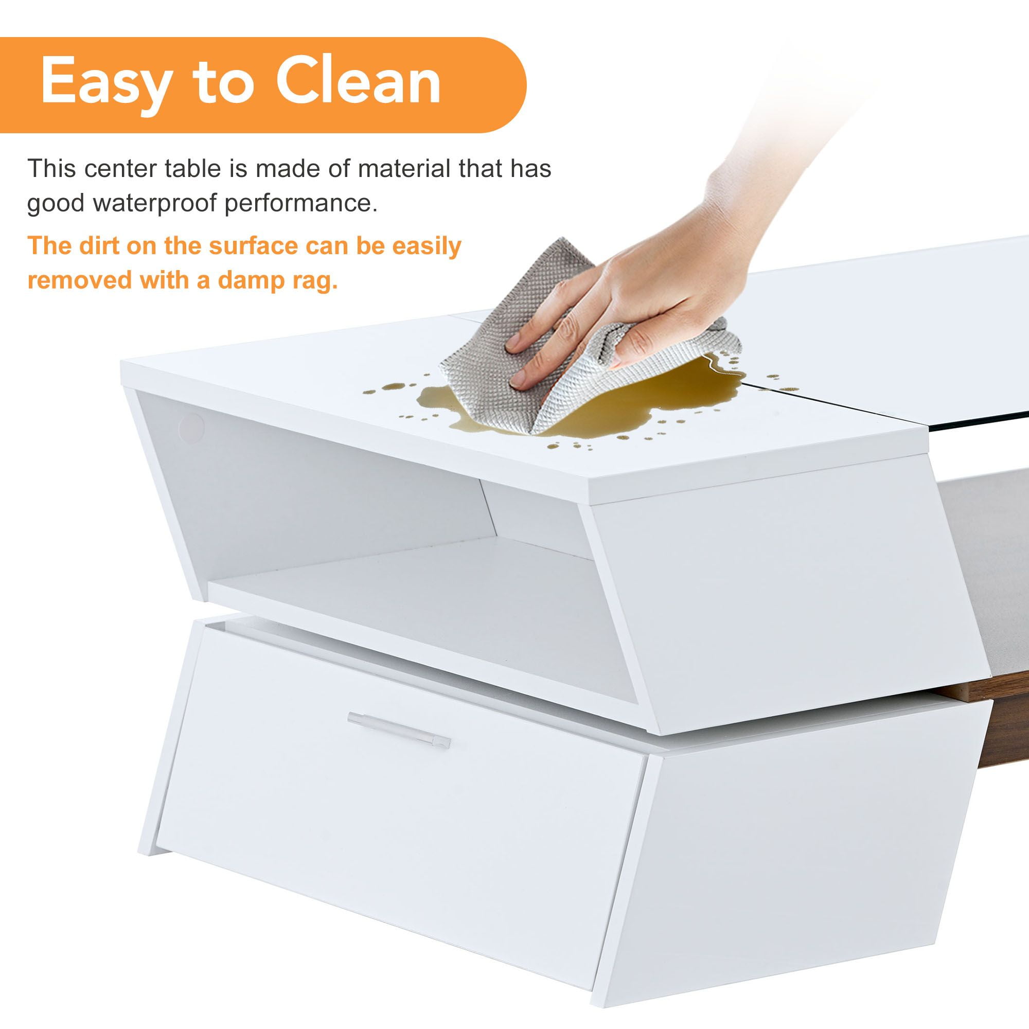 Aukfa Glass Top Coffee Table with Open Shelves and Cabinets - 2-Tier Center Table for Living Room - White - Image 5