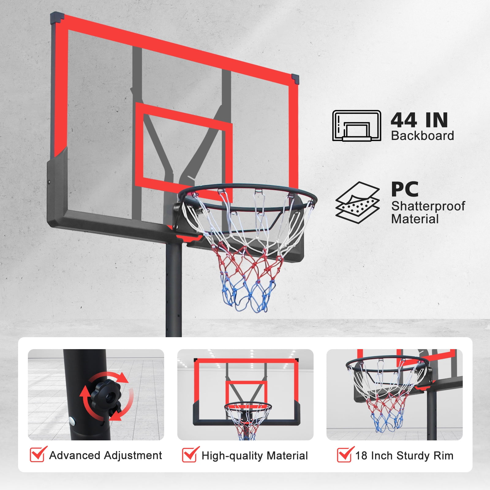 44" Portable Kids Basketball Hoop Stand, SEGMART 5.73FT - 10FT Height Adjustable Basketball Hoop Goal System with Shatterproof Backboard, Fillable Base for Poolside Indoor Outdoor - Image 8