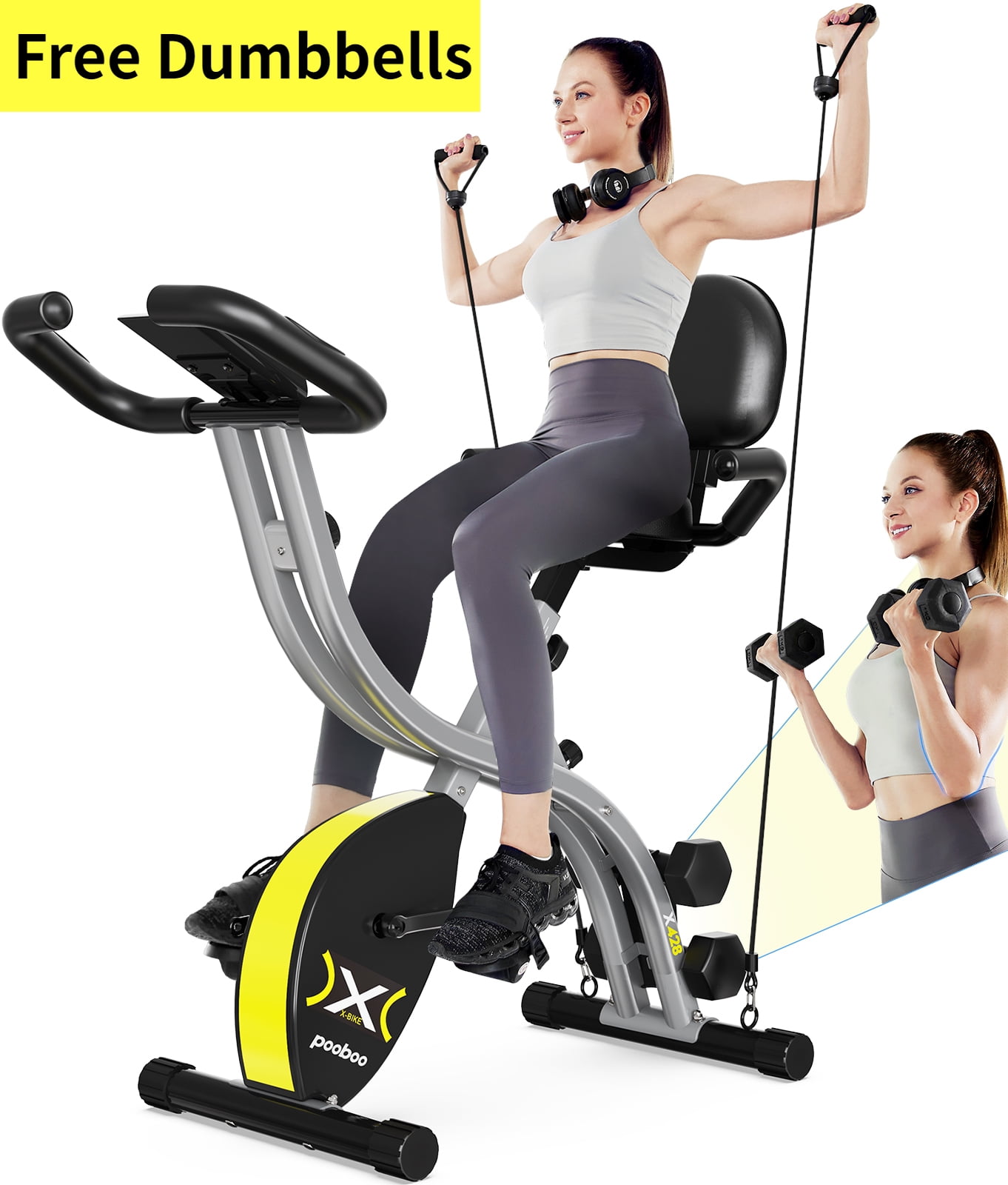 Pooboo Folding Exercise Bike Indoor Stationary Cycling Bicycle Upright Magnetic Workout Bicycle With Dumbbells and Resitance Bands Maximum Weight 300LBS - Image 10