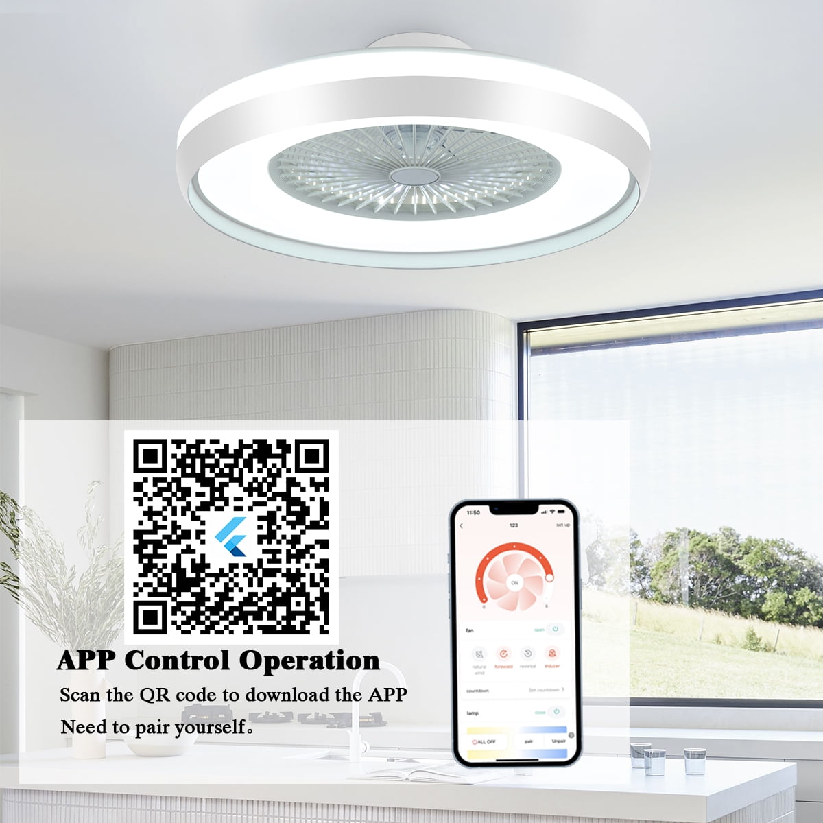 24" Low Profile Ceiling Fans with Lights, APP and Remote Control, 3 Color Dimmable, Reversible 6 Speeds, Timing Setting, Bladeless Flush Mount LED Ceiling Fan - Image 10