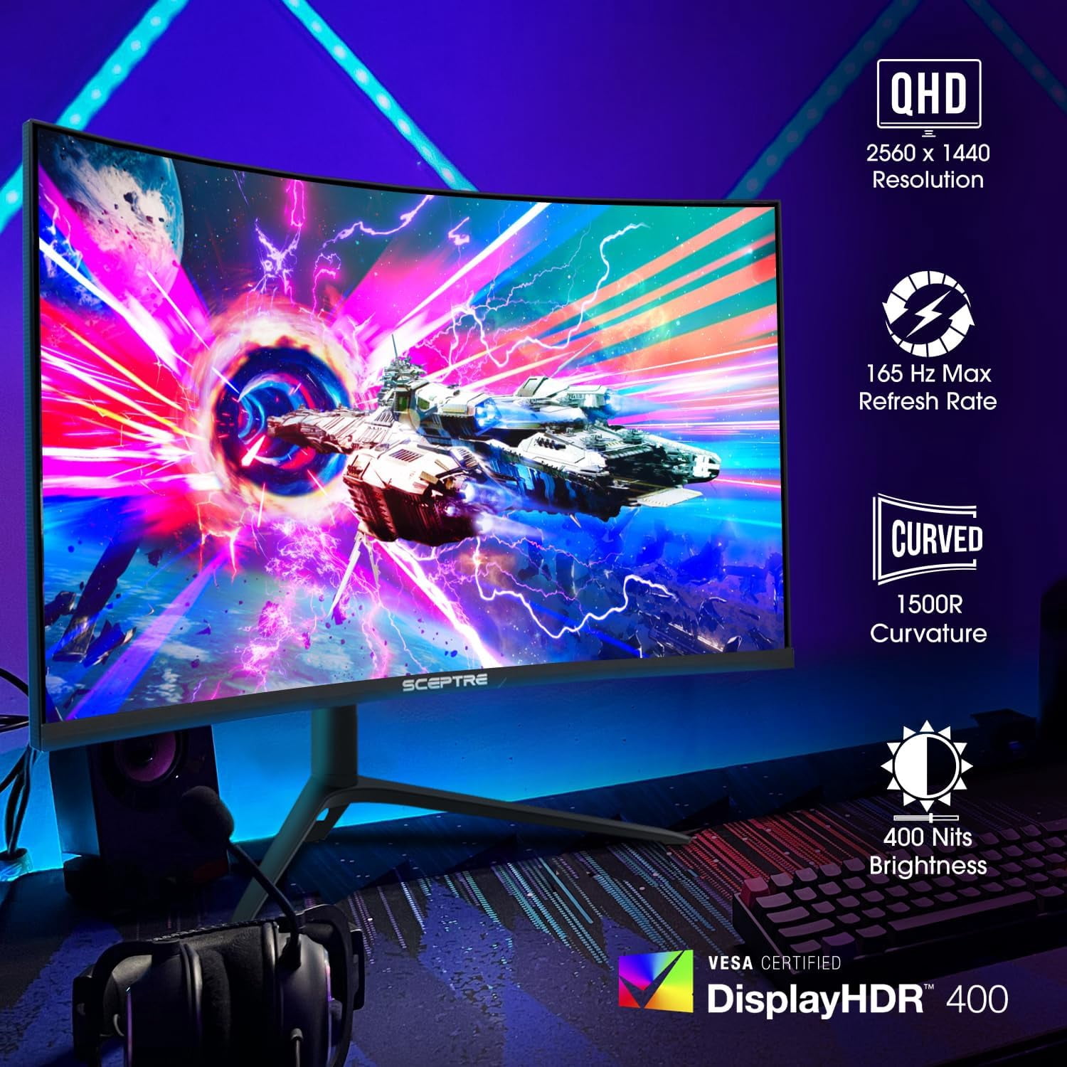 Sceptre C275B-QWD168 27" 2560x1440 VA Curved Computer Monitor, Gunmetal Black - Image 3