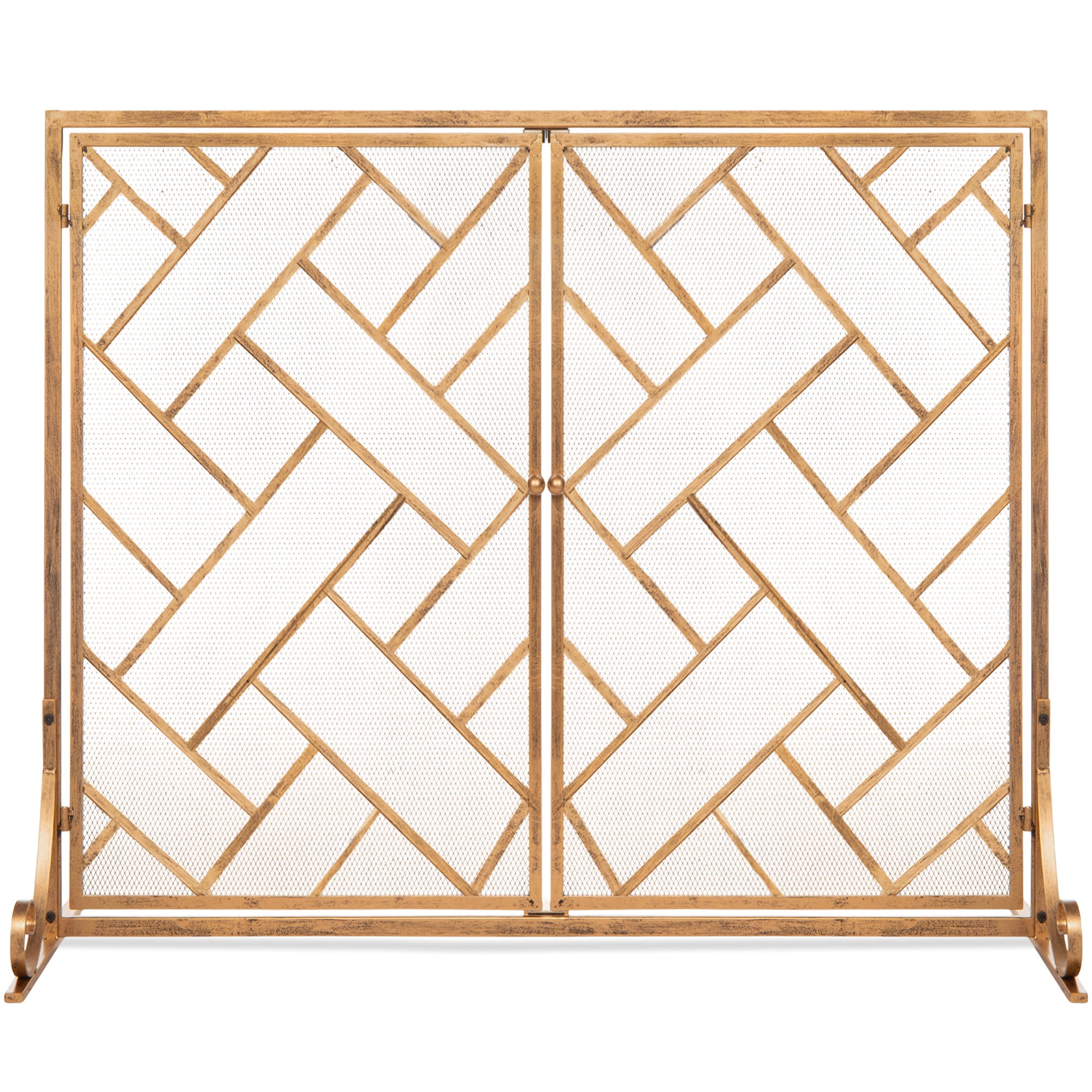 Best Choice Products 44x33in 2-Panel Handcrafted Wrought Iron Geometric Fireplace Screen w/ Magnetic Doors - Gold