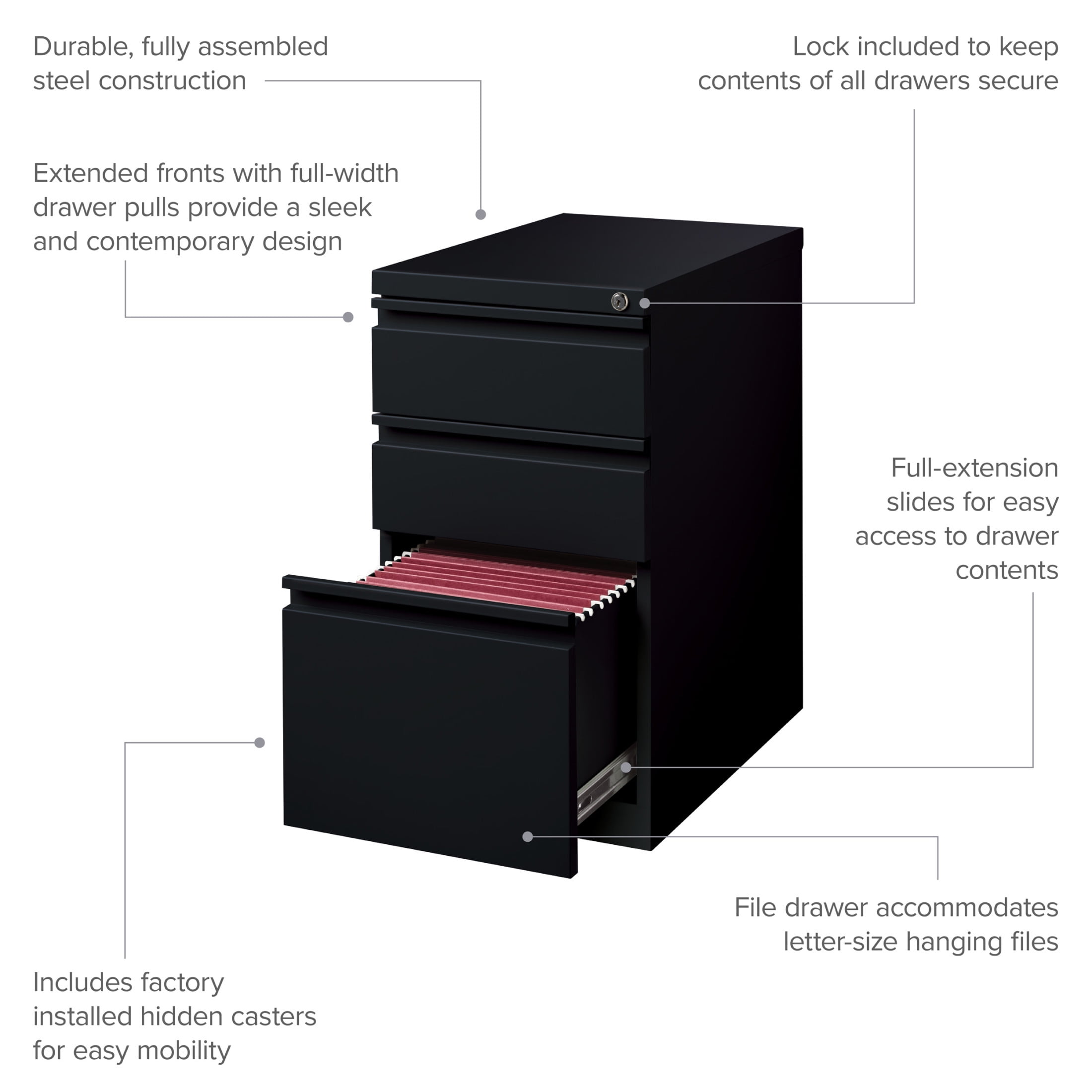 Hirsh 20" Deep Mobile Pedestal File Cabinet 3 Drawer Box-Box-File, Letter Width, Black - Image 3