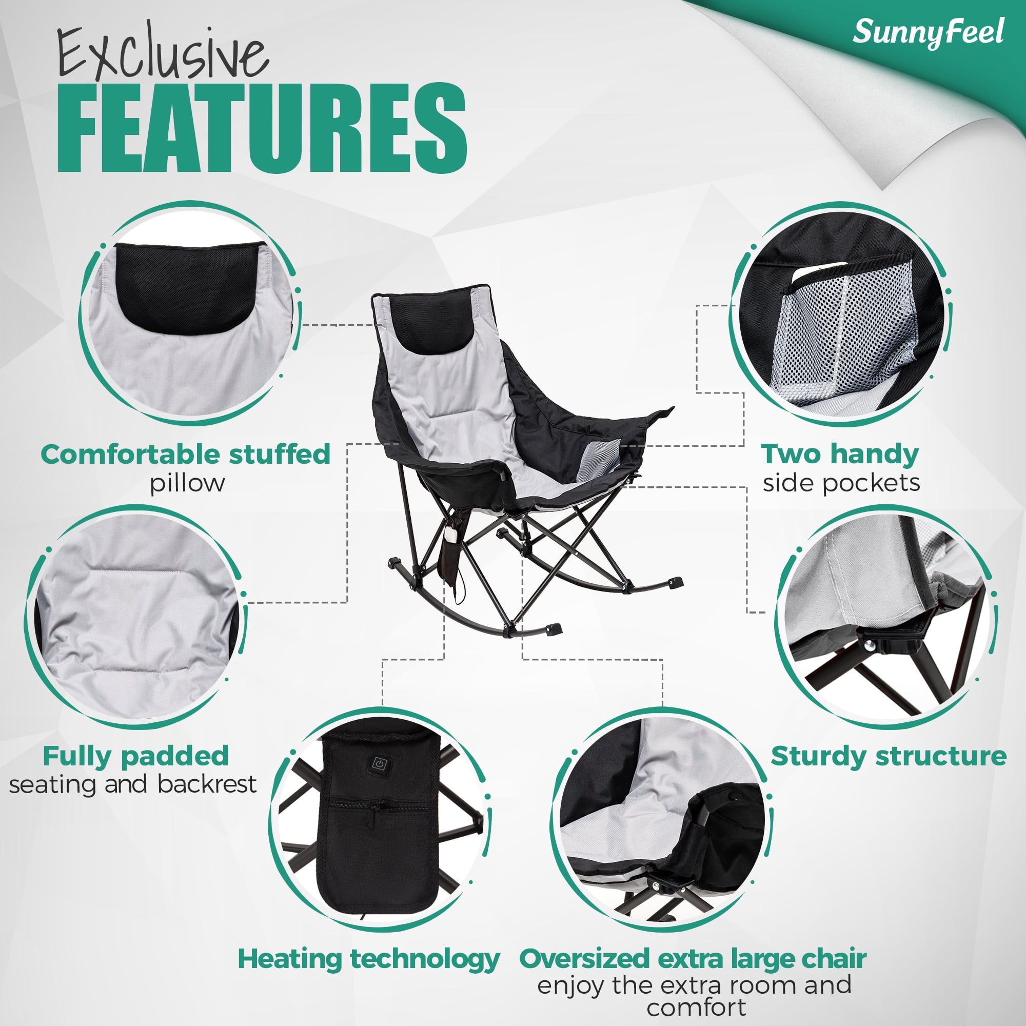 Sunnyfeel Oversized Heated Camping Chair, Folding Rocking Camping Chairs with Luxury Padded Recliner,Carry Bag, 300 LBS Heavy Duty for Lawn/Outdoor/Picnic/Patio, Portable Rocker Camp Chair - Image 3
