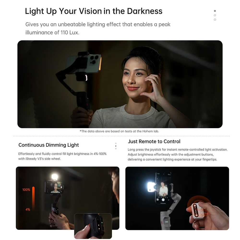 Hohem iSteady V3 Gimbal Stabilizer for Smartphone, Phone Gimbal with Magnetic AI Tracker, Built-in Extension Rod, Tripod, Fill Light, Phone Stabilizer for Video Recording, YouTube, White - Image 7