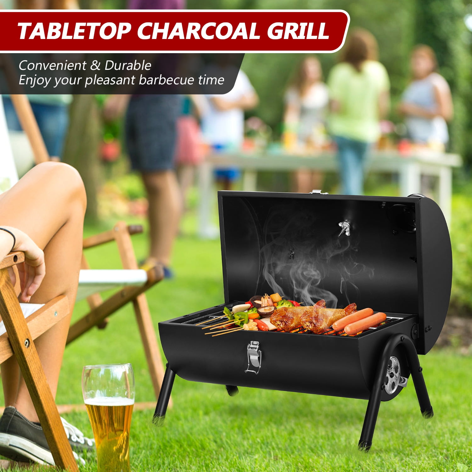 Walchoice Tabletop Charcoal Grill with Thermometer & Chimney, Small Portable Barbecue Grill for Outdoor Cooking Camping Picnic Backyard Beach - Black - Image 5