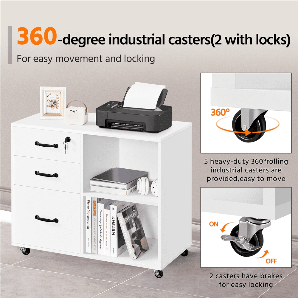 Alden Design Mobile Vintage File Cabinet with 3-Drawer for Home and Office, White - Image 3