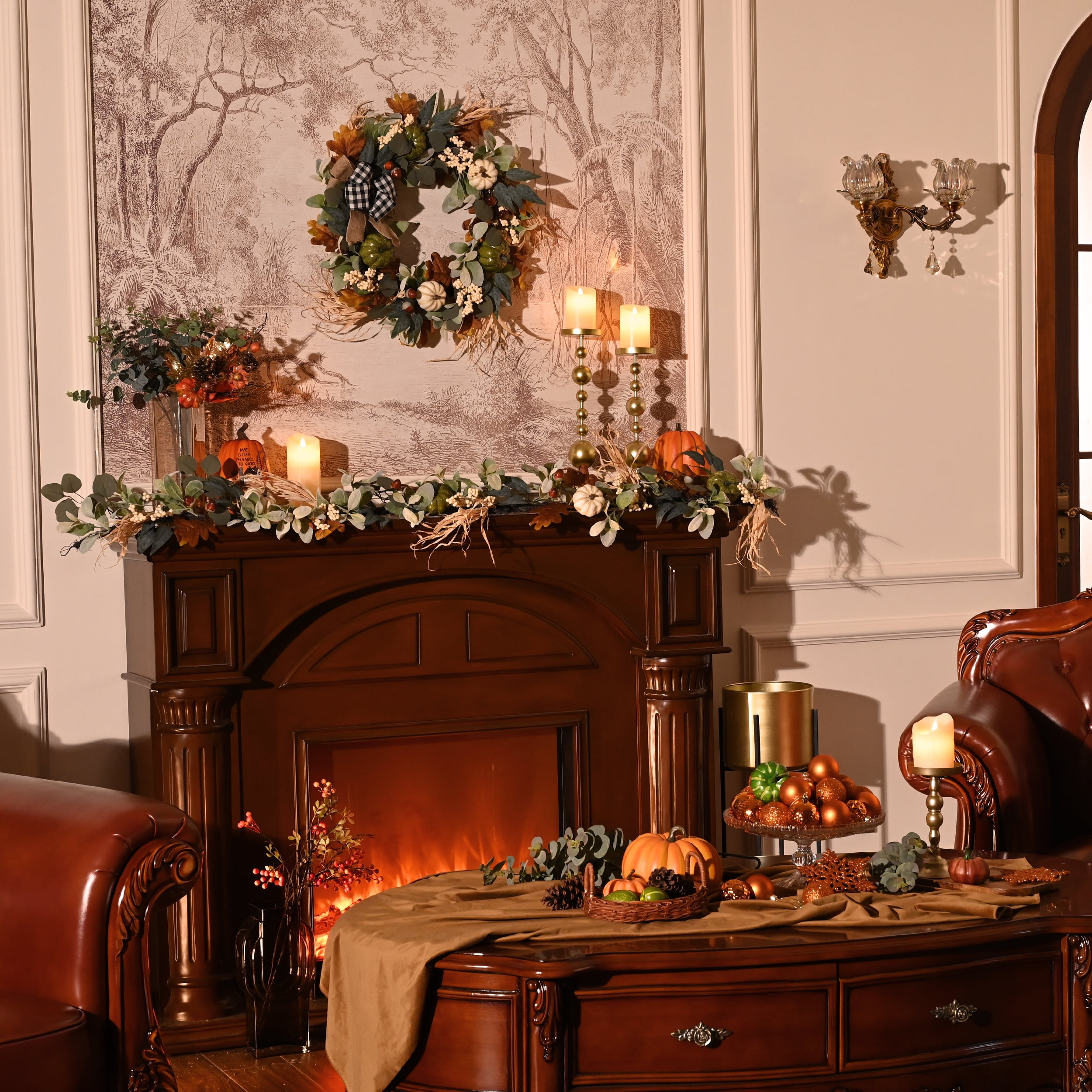 Valery Madelyn 24 inches Pre-Lit Fall Wreath Lighted White Green Thanksgiving Wreath with Pumpkin & Bow for Front Door Fireplace - Image 6