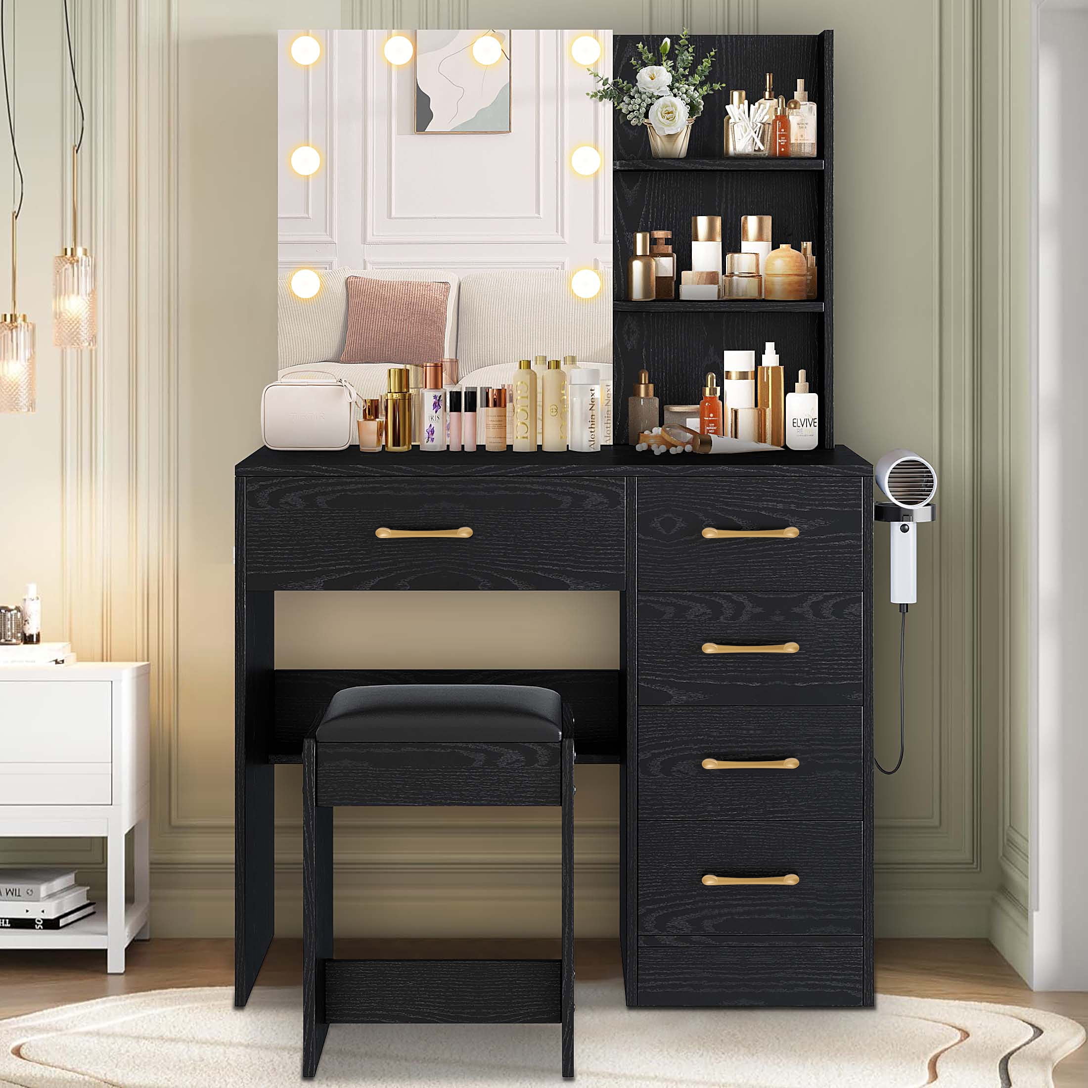 Vanity Set with Mirror, UHOMEPRO Lighted Makeup Vanity Desk with 5 Drawers, 3 Storage Shelves, Hair Dryer Rack, and Cushioned Stool, Modern Makeup Desk Dressing Table for Girls Bedroom, Black - Image 8