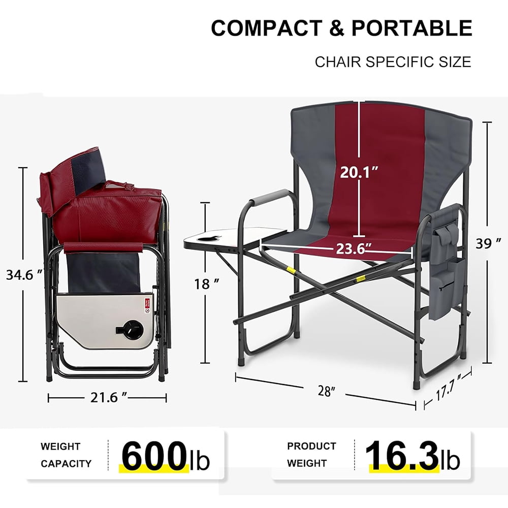 XXL Oversized Directors Chairs Support to 600 Lbs, Heavy Duty Camping Chairs with Foldable Side Table, Detachable Side Pocket, Folding Outdoor Chair for Outside,Lawn,Beach,Fishing(Red) - Image 5