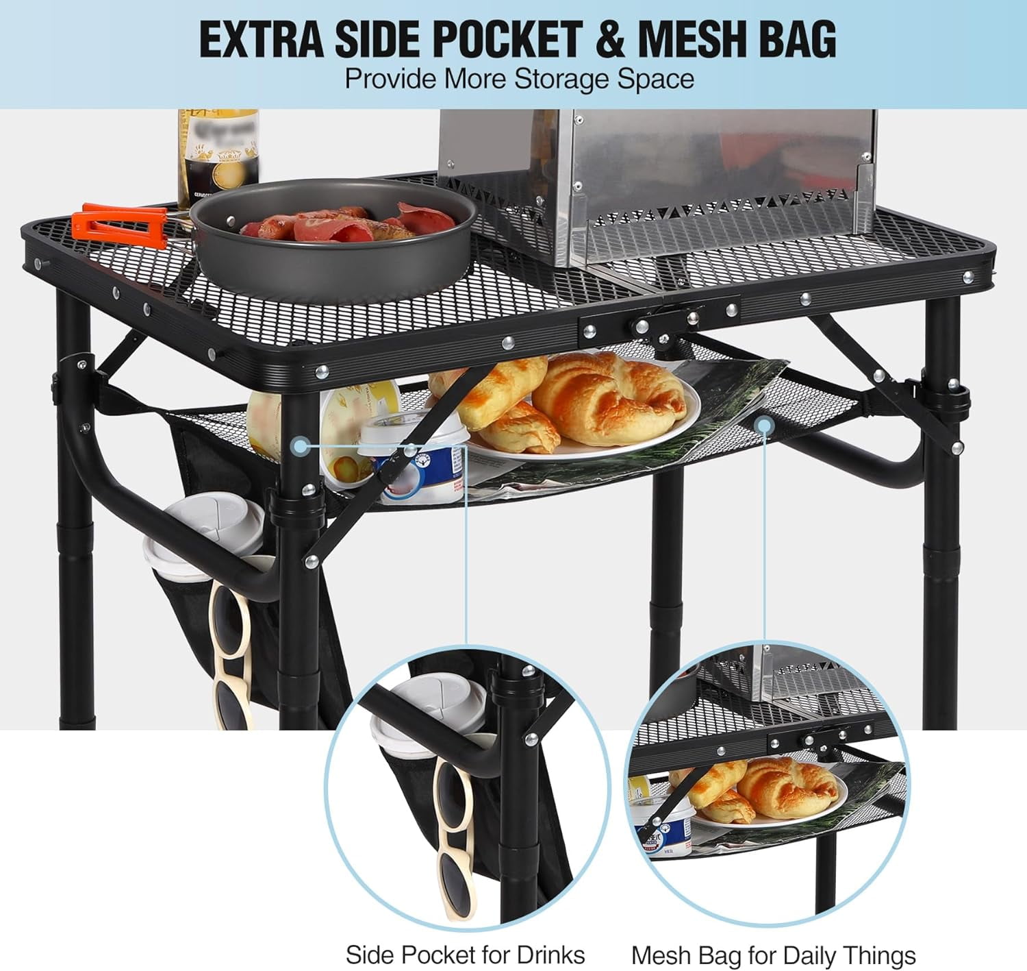 Folding Grill Table, Camping Table with Adjustable Height, Large Storage Bag and Carrying Bag, Portable Aluminum Table for Indoor & Outdoor Picnic BBQ Backyards Beach - Image 10