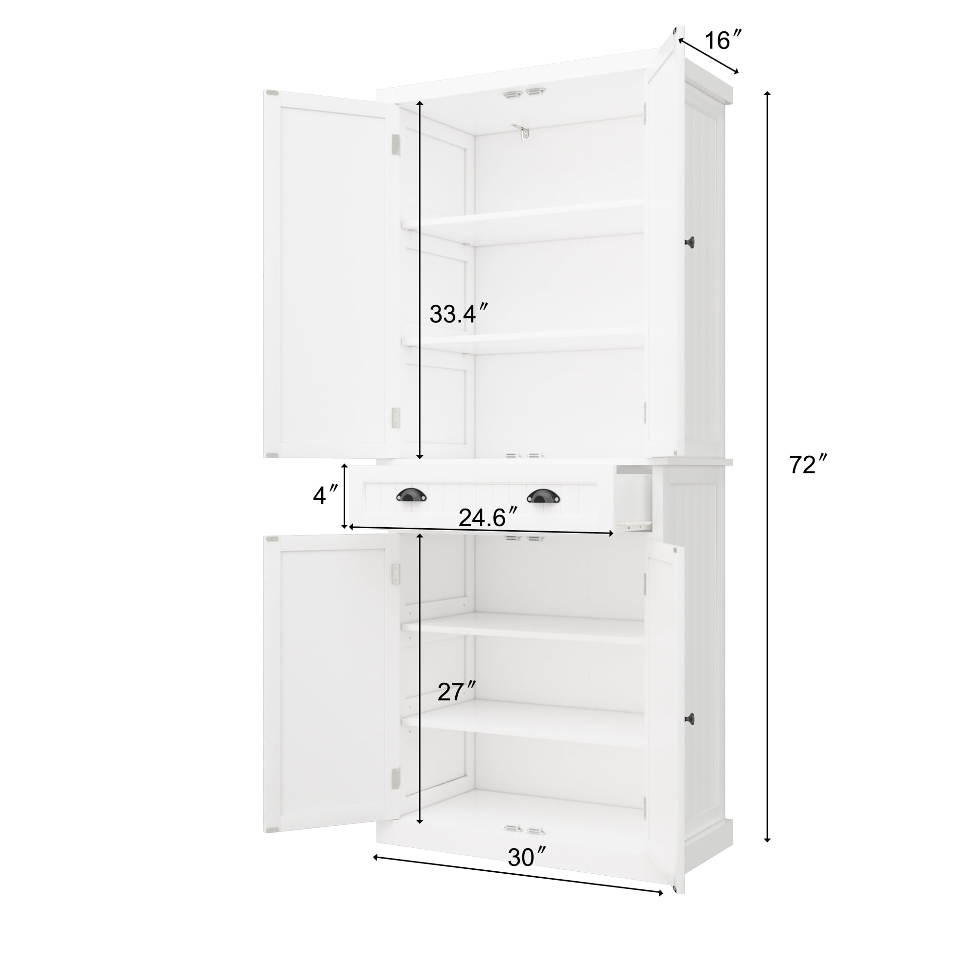 "HLR 72"" Tall Kitchen Pantry Storage Cabinet with Adjustable Shelves and Drawer, White" - Image 4