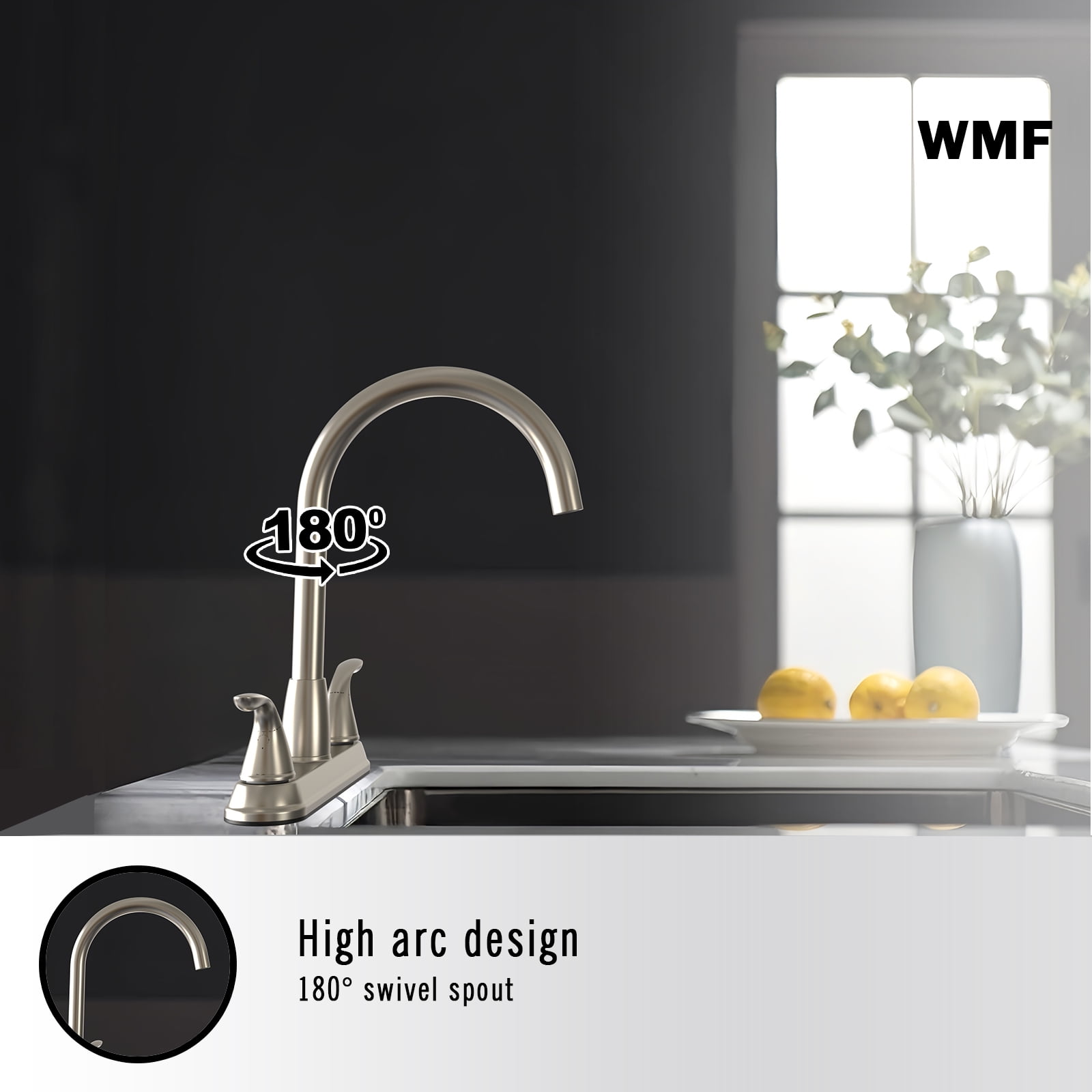WMF-8235GNZMLP-BN - Hybrid Metal Deck Kitchen Sink Faucet, 360 Degree Swivel, High Spout, Double Handle with Side Spray - Image 9