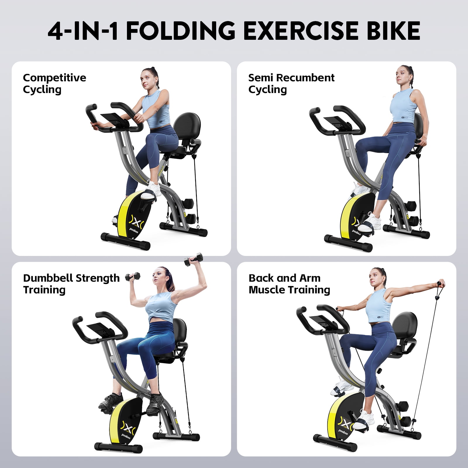 Pooboo Folding Exercise Bike Indoor Stationary Cycling Bicycle Upright Magnetic Workout Bicycle With Dumbbells and Resitance Bands Maximum Weight 300LBS - Image 3