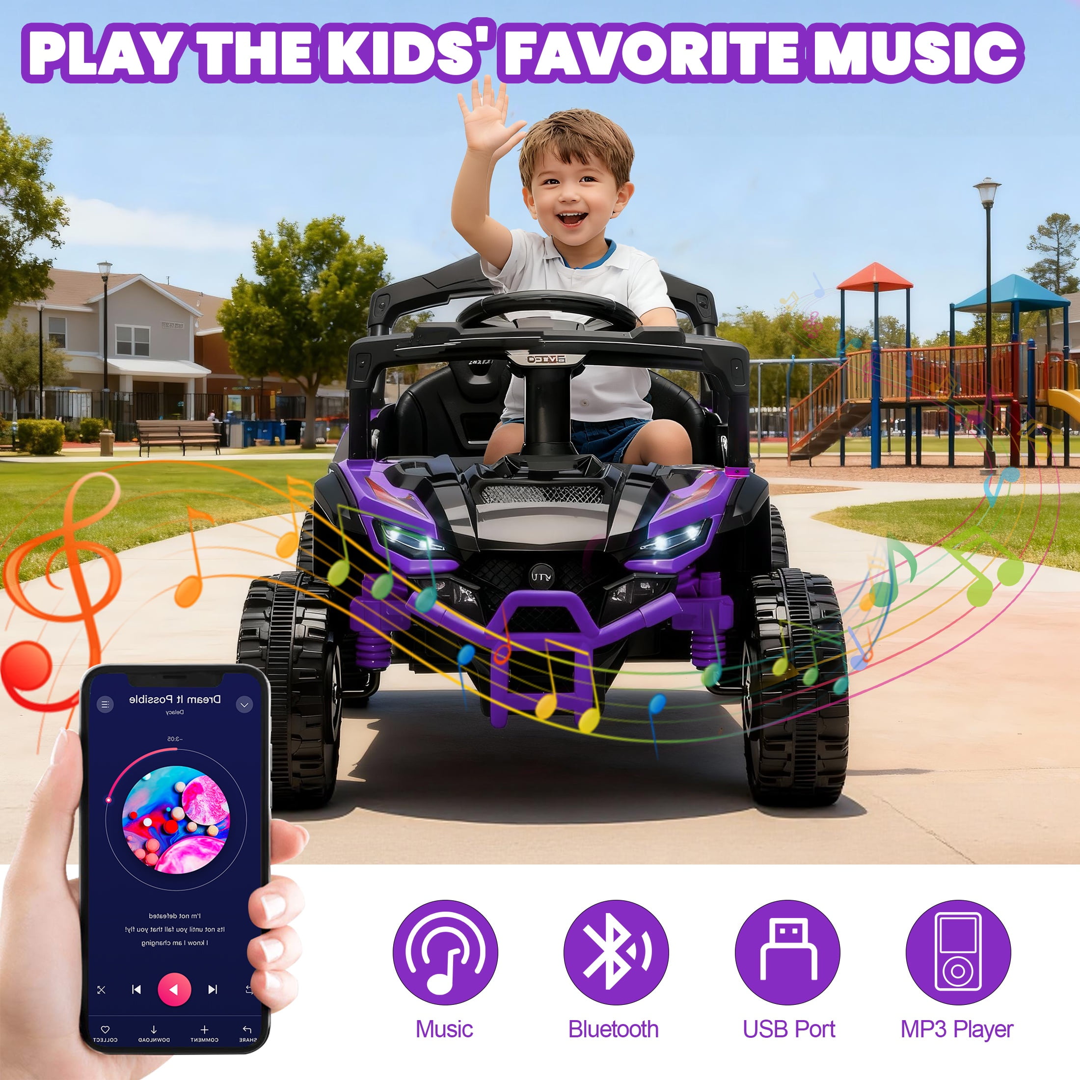 iYofe 24V Powered Ride on Toys with Remote Control, Kids Ride on Car UTV for Boys Girls Ages 3-5, Ride on Vehicles Electric Cars for Kids with Bluetooth, Music, LED Light, 4 Wheels Suspension, Purple - Image 3