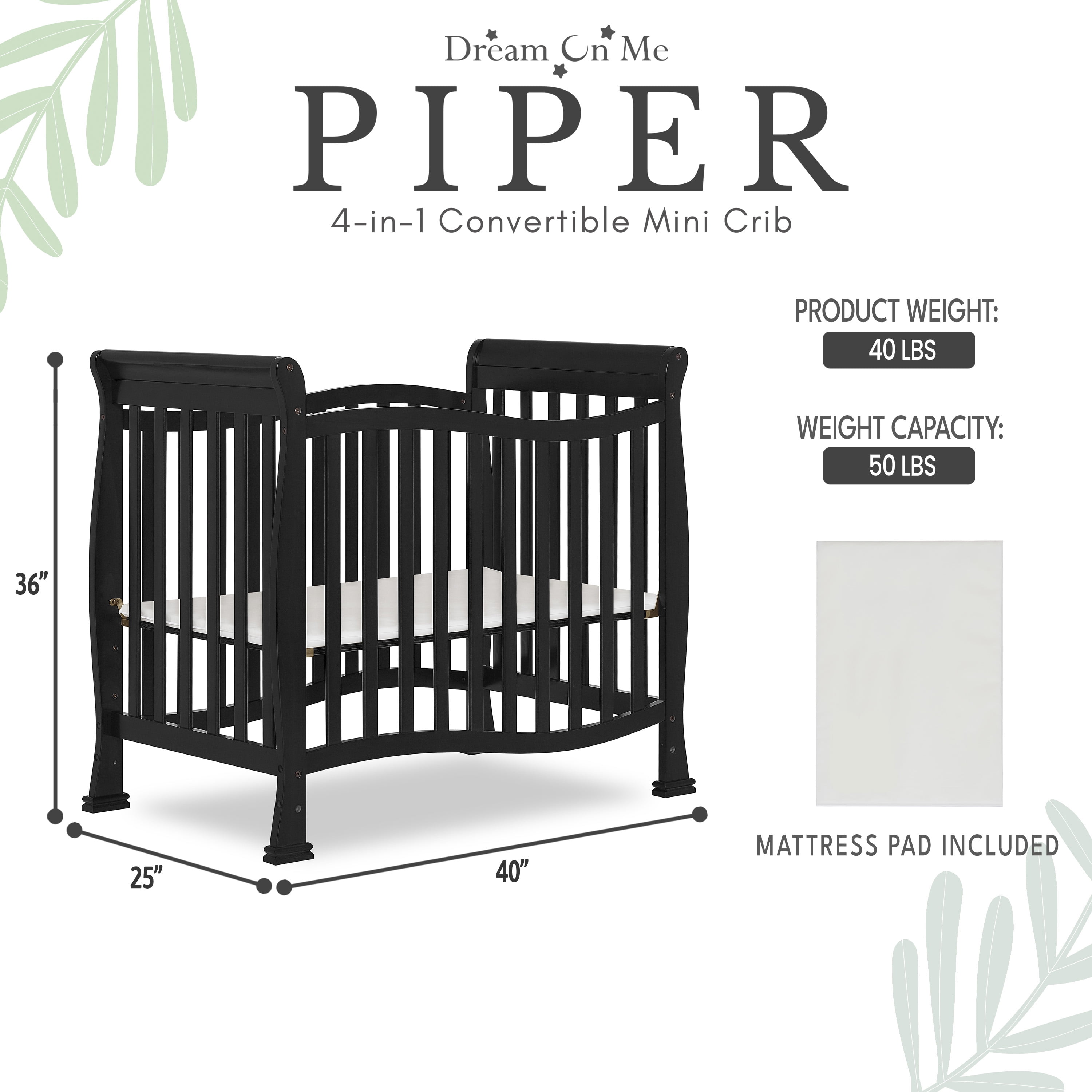 Dream On Me Piper 4-in-1 Convertible Mini Crib, Black - Image 11