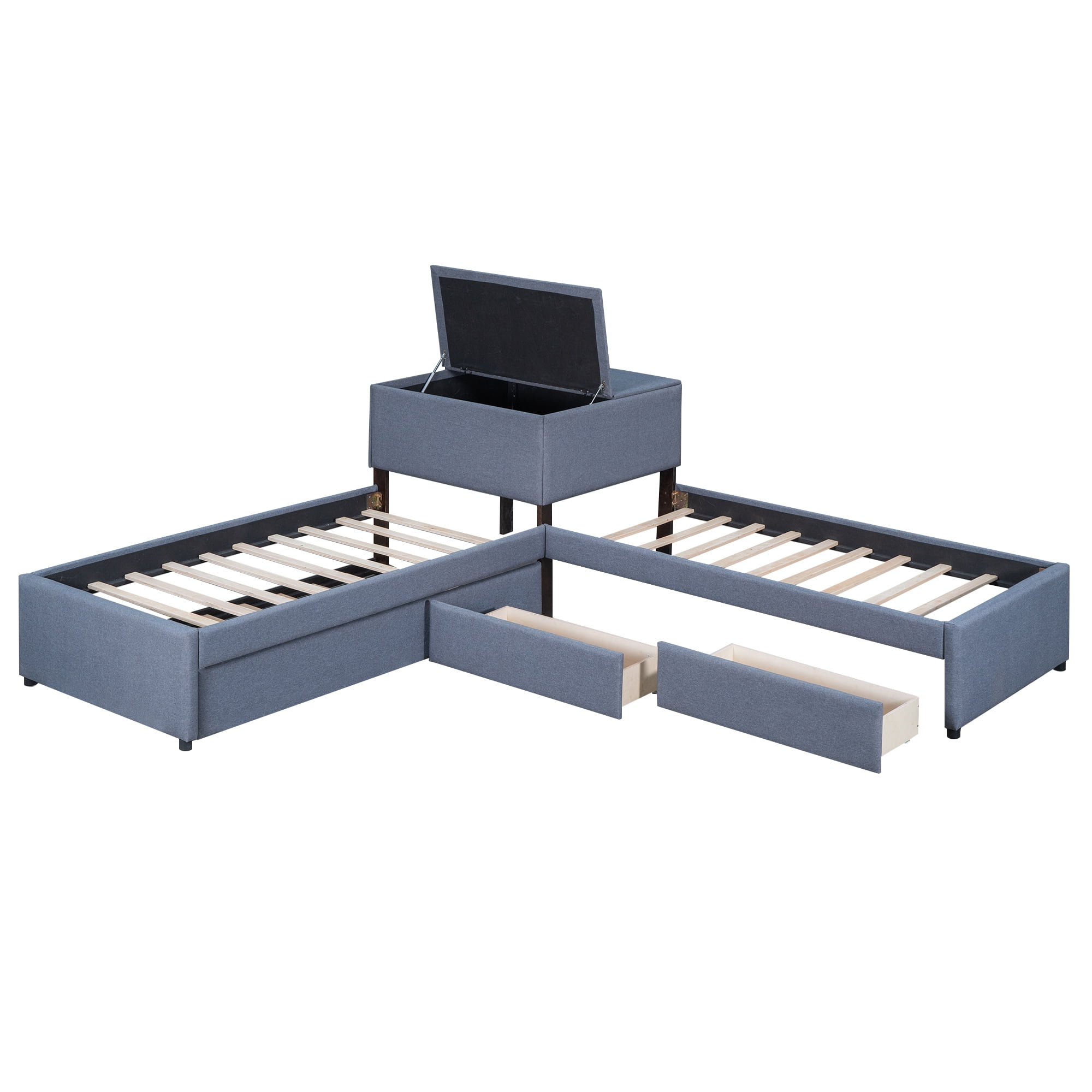 EUROCO Upholstery L-Shaped Twin Platform Bed with Drawers and Trundle,Square Table for Bedroom - Image 10
