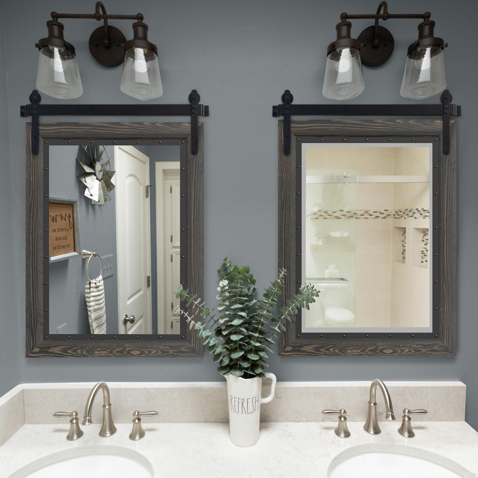 YOSHOOT Farmhouse Barn Door Mirror,32"x24" Rustic Bathroom Mirror, Wood Frame Wall Mirror, Wooden Mirror for Living Room Bedroom Entryway Wall Décor,Black - Image 5