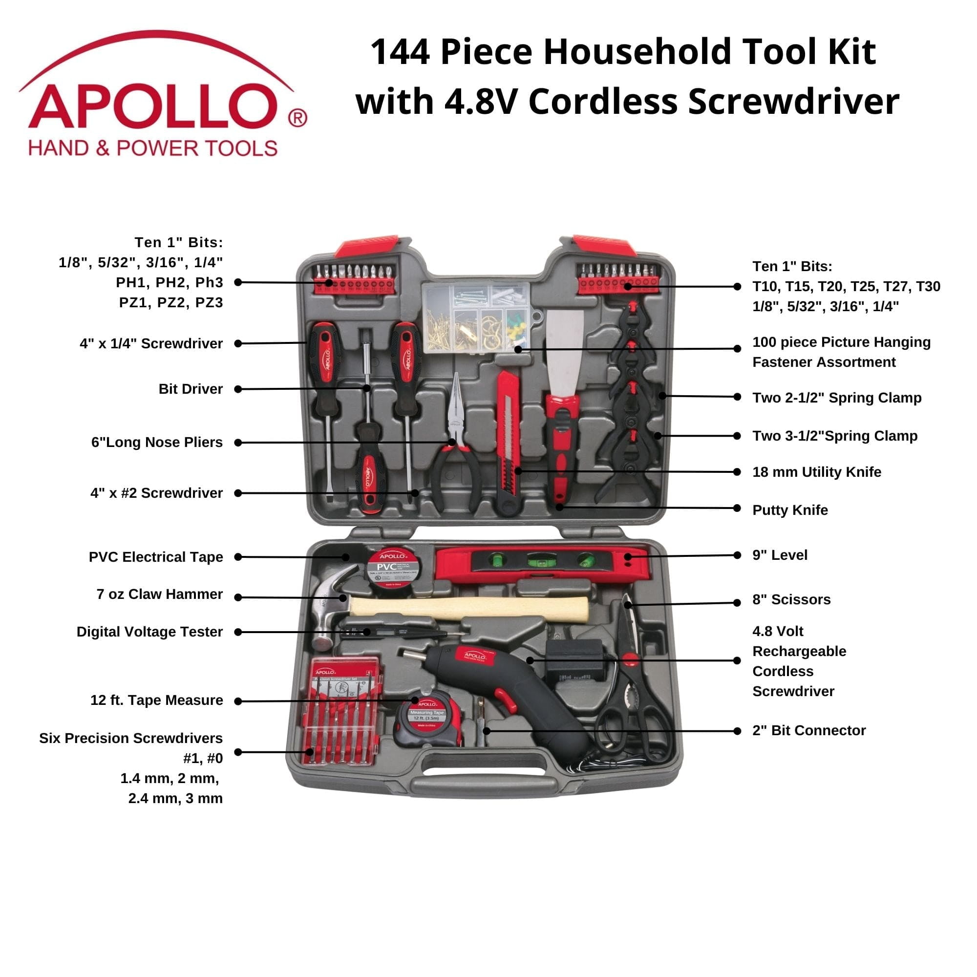 144 Piece Household Tool Kit with 4.8V Cordless Screwdriver - DT8422 - Image 17