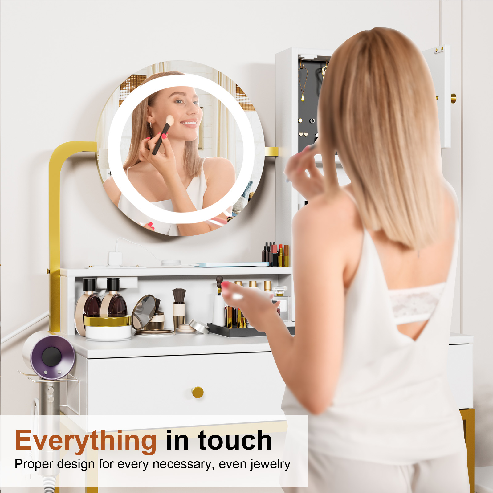 VIPLIVE Vanity Desk with LED Mirror & Power Strip, Bedroom Makeup Table with 2 Drawers, Hair Dryer Rack and Stool, White - Image 4