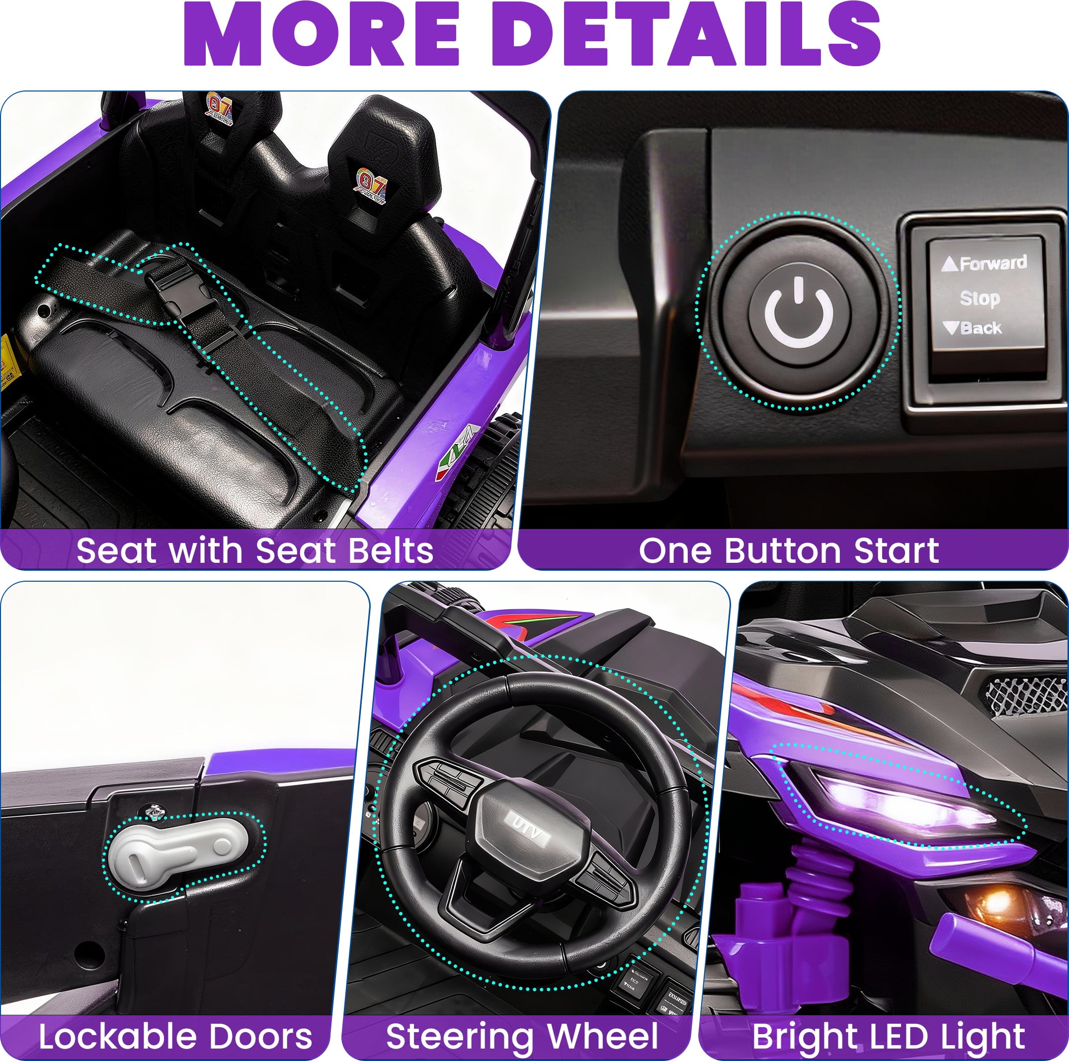iYofe 24V Powered Ride on Toys with Remote Control, Kids Ride on Car UTV for Boys Girls Ages 3-5, Ride on Vehicles Electric Cars for Kids with Bluetooth, Music, LED Light, 4 Wheels Suspension, Purple - Image 7