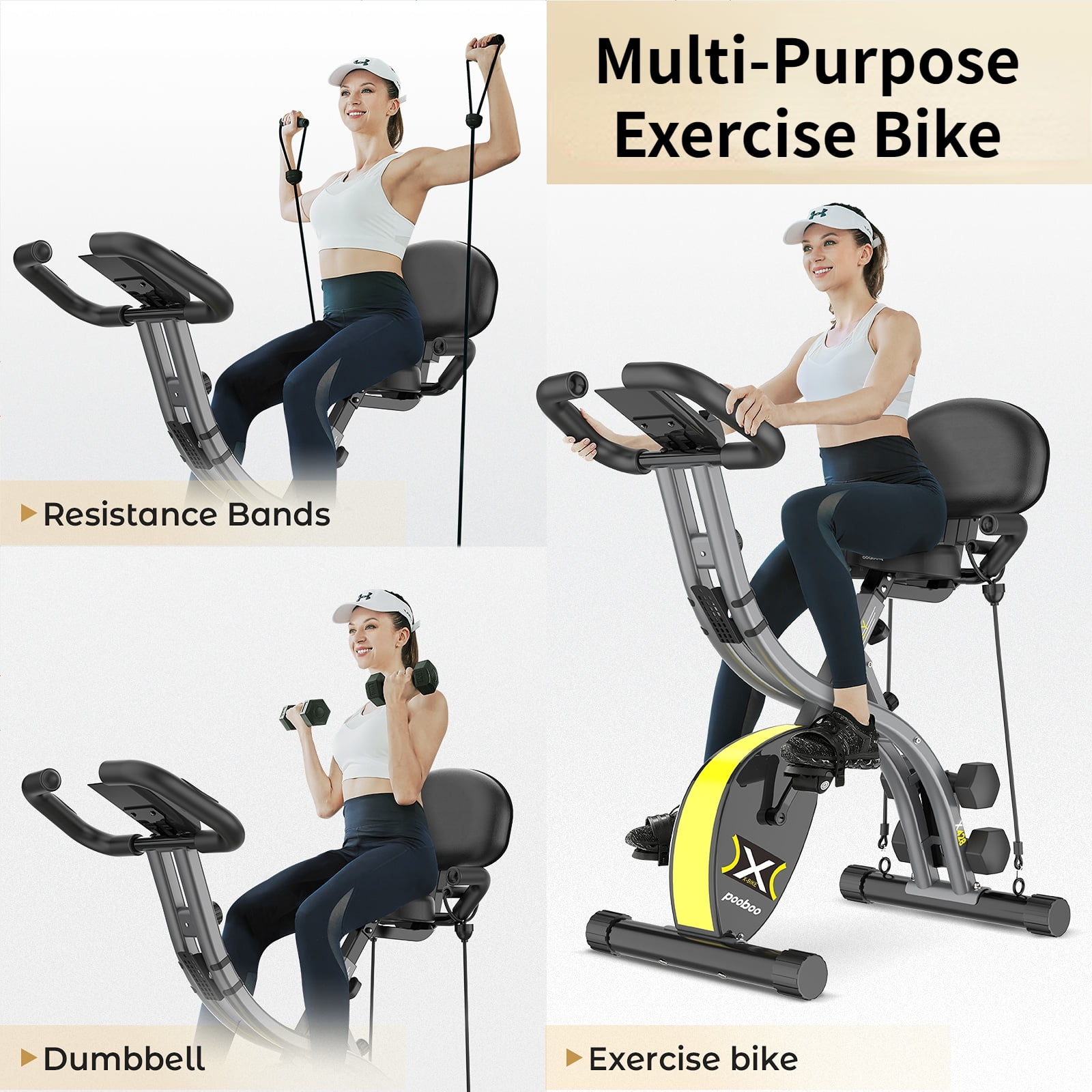 Pooboo Folding Exercise Bike Indoor Stationary Cycling Bicycle Upright Magnetic Workout Bicycle With Dumbbells and Resitance Bands Maximum Weight 300LBS - Image 6