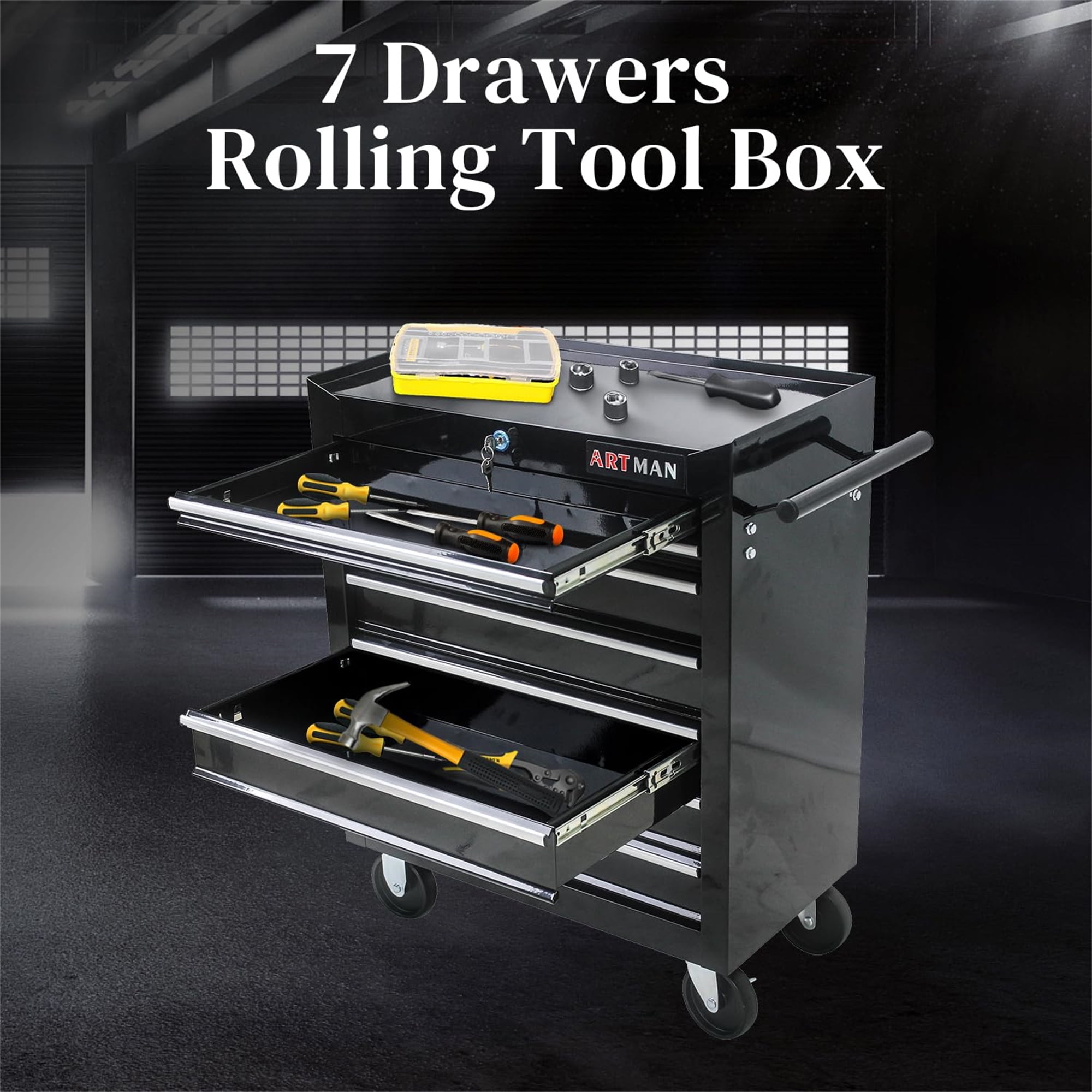 Aukfa Tool Chest, 24.5 in 7-Drawer Steel Rolling Tool Box on Wheels for Workshop Garage, Black - Image 12