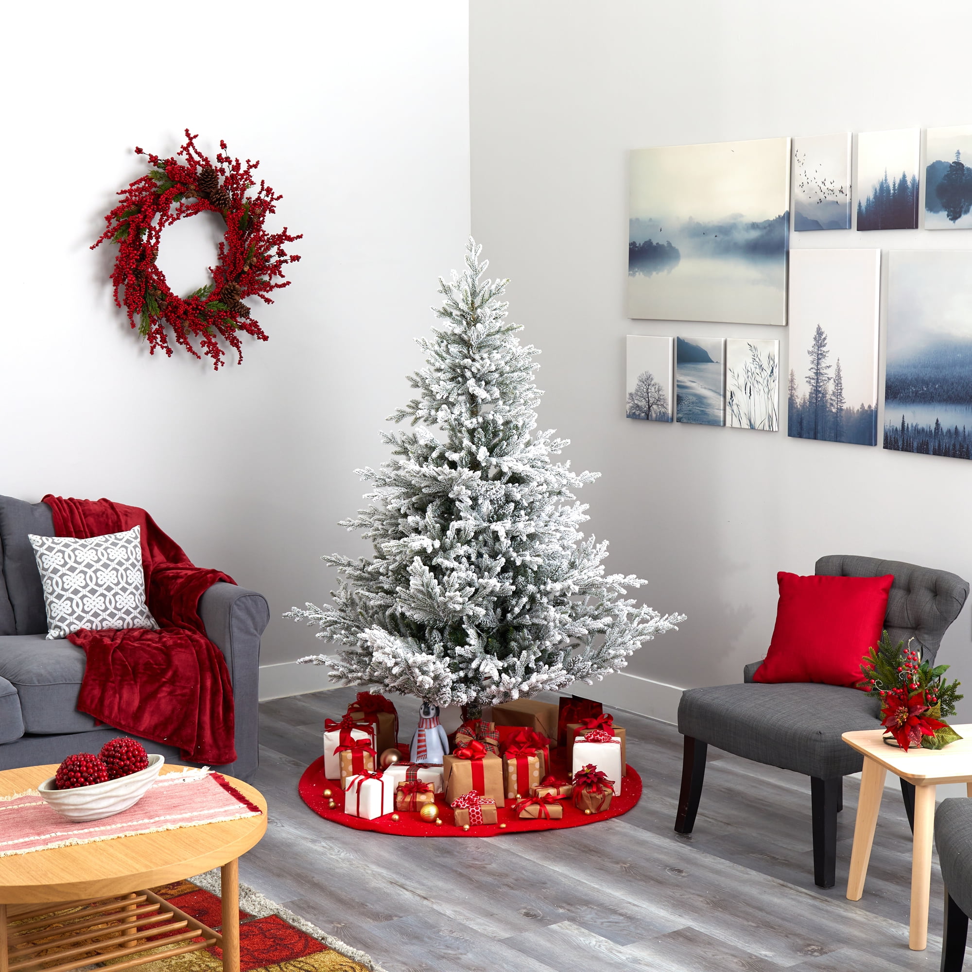 Nearly Natural 6' Green Fraser Fir Flocked Artificial Christmas Tree Prelit 500 Warm White Lights - Image 5