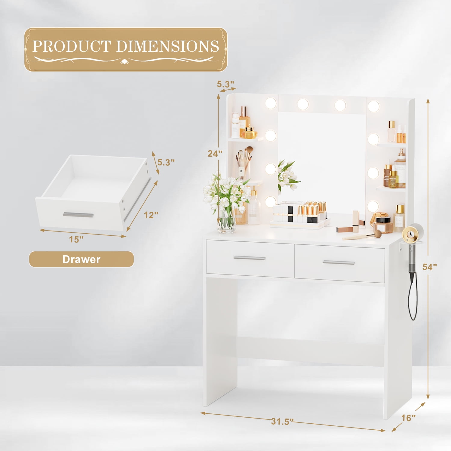 Vineego Makeup Vanity Desk with Lighted Mirror & Power Outlet, Makeup Vanity with 2 Drawers,White - Image 4