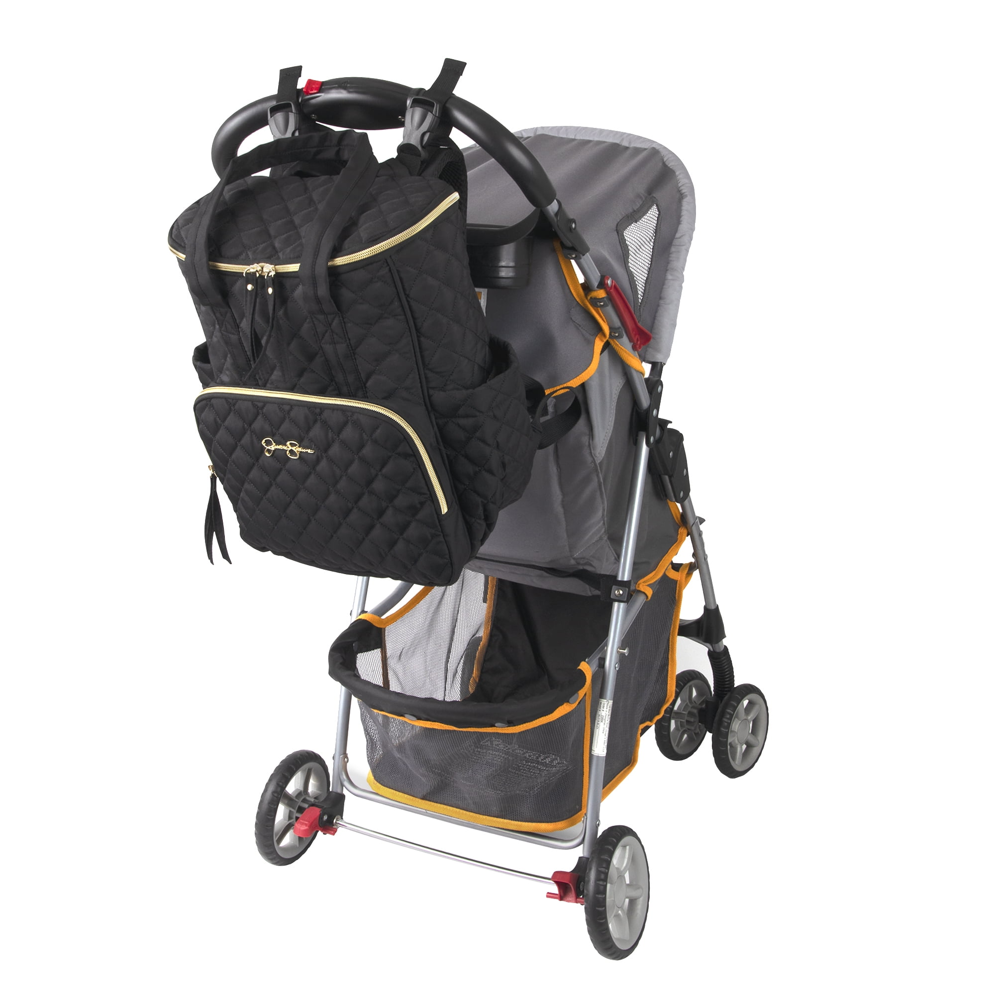 Jessica Simpson Black Diamond Quilted Multi-Pocket Dual Zipper Closure Fashion Diaper Bag Tote and Backpack with Running Cheetah Interior, Matching 3-Ply Folding Baby Changing Pad & Changing Caddy - Image 6