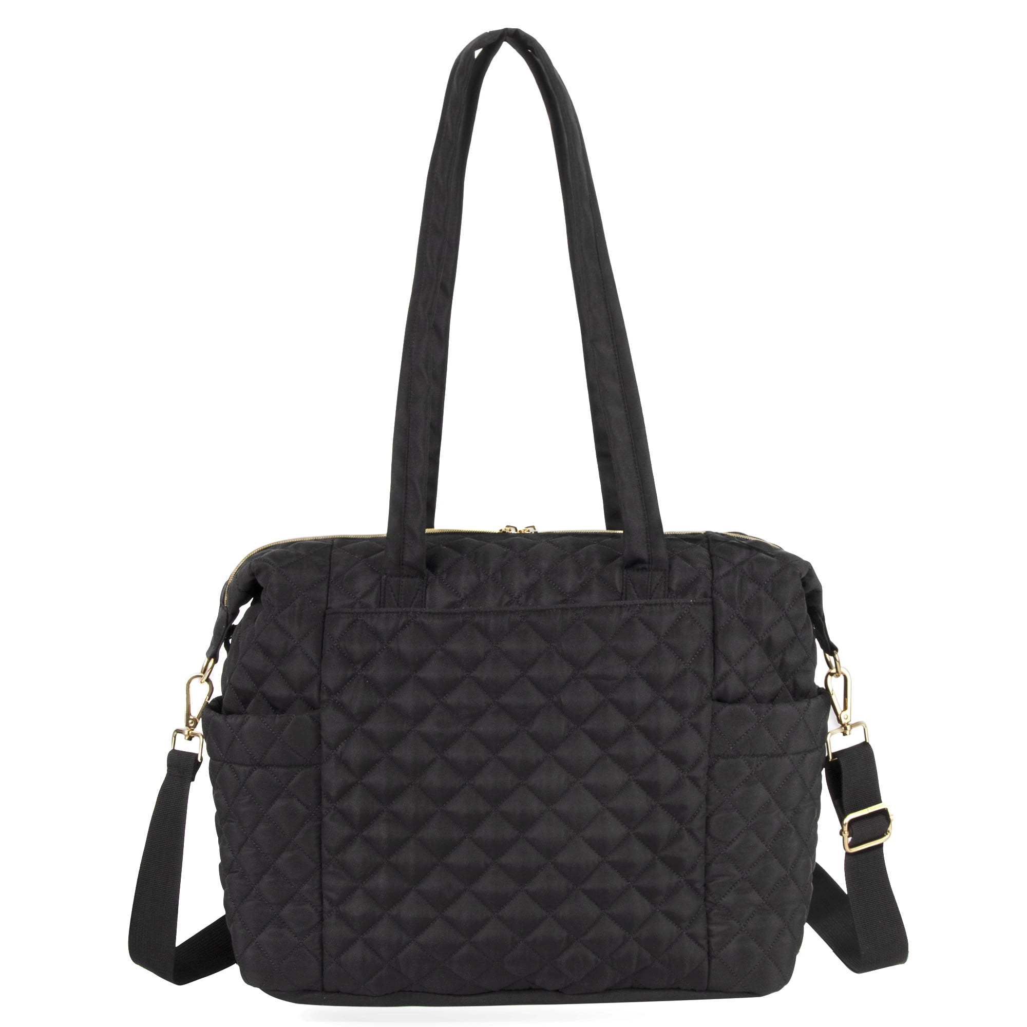 Jessica Simpson Large Black Diamond Stylish Quilted Multi-Pocket Dual Zipper Closure Fashion Diaper Bag Travel Tote Satchel with Luggage Strap, Running Cheetah Print Interior & Changing Pad - Image 13