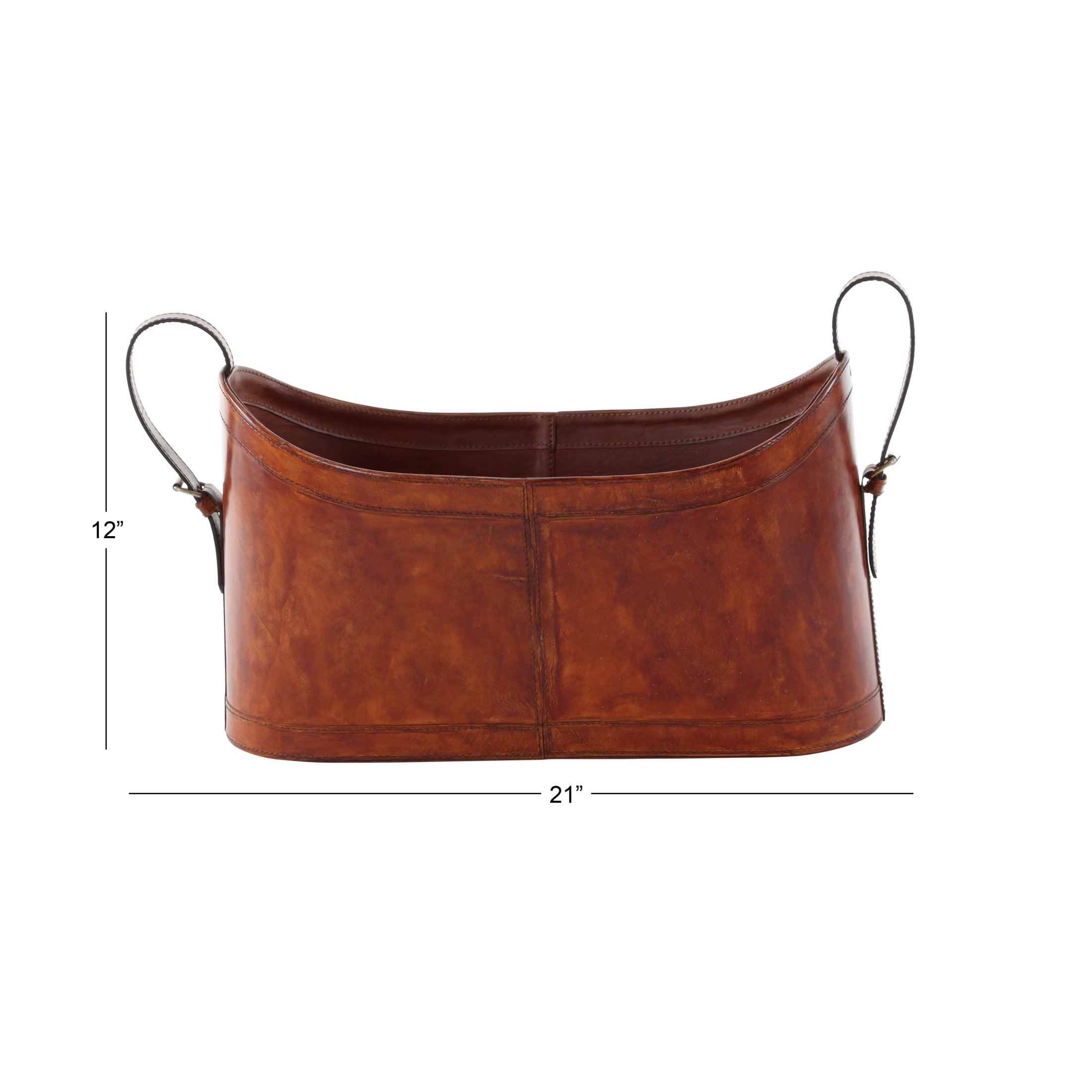 DecMode 12" Brown Leather Handmade Curved Box Style Single Slot Magazine Holder with Buckle Handles - Image 6