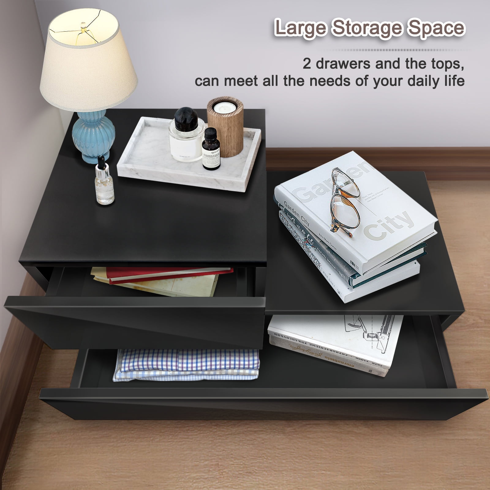 2 Drawers Nightstand W/RGB 20 LED Light Mode, Modern Home Furniture Decor - High Gloss White Black - Image 8