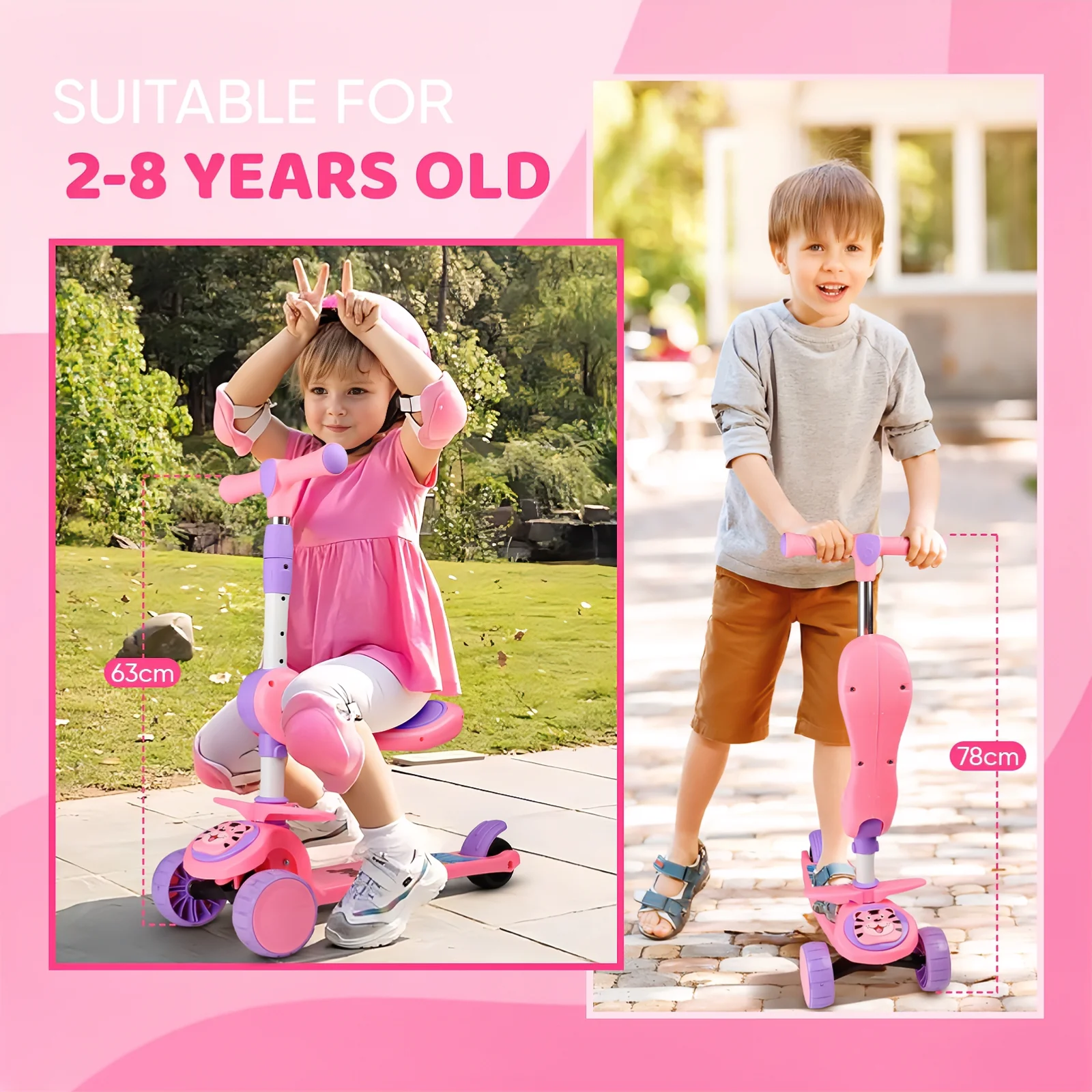 Beefunni Pink Sit-and-Scoot Scooter for Girls, Adjustable Handlebar Kick Scooter, Wide Anti-Slip Deck, LED Flashing Wheels, Rotatable Saddle, Ideal Birthday Christmas Gift for Kids 2-8 - Image 6