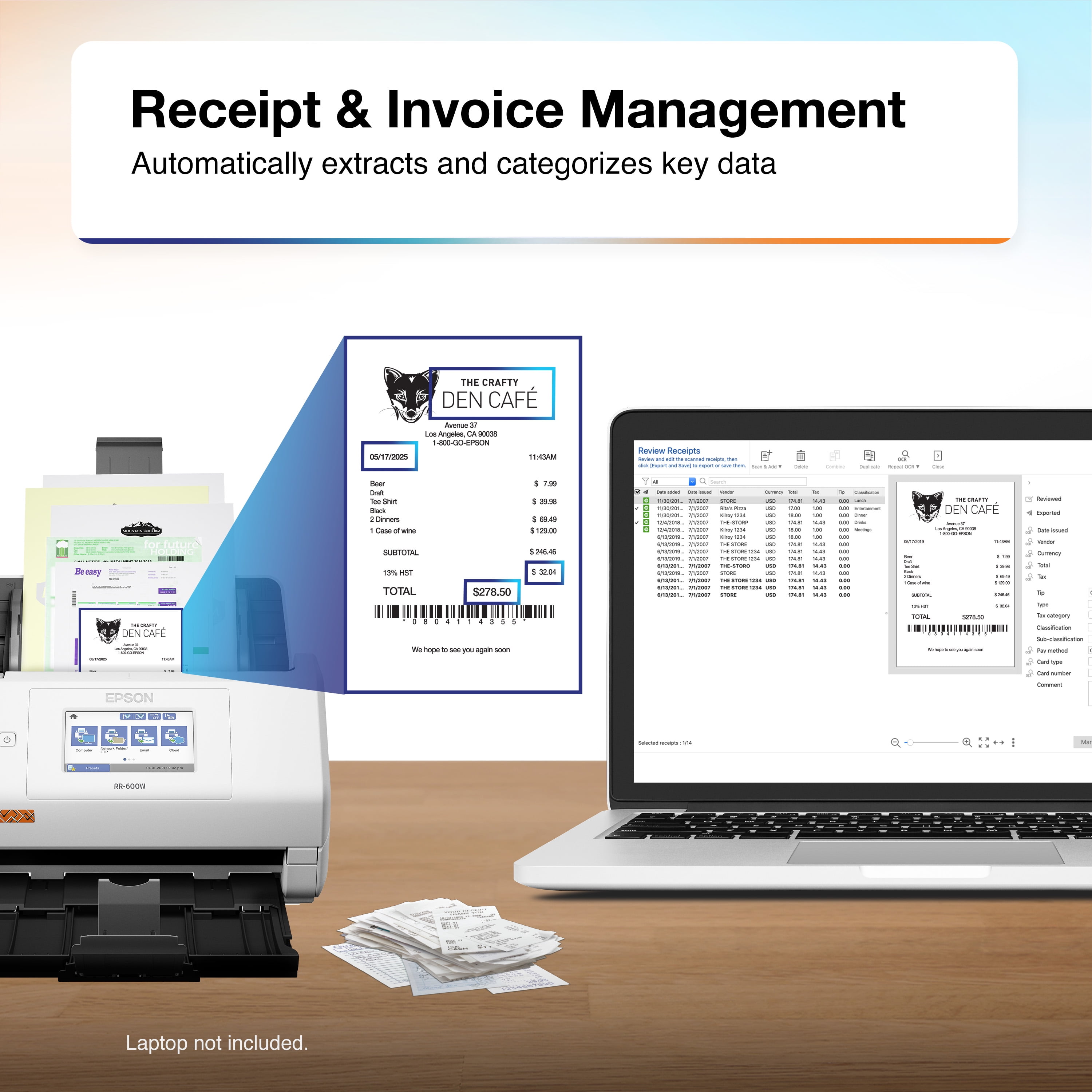Epson RapidReceipt RR-600W - Document scanner - Contact Image Sensor (CIS) - Duplex - Legal - 600 dpi x 600 dpi - up to 35 ppm (mono) / up to 35 ppm (color) - ADF (100 sheets) - up to 4000 scans per day - USB 3.0, Wi-Fi - Image 3