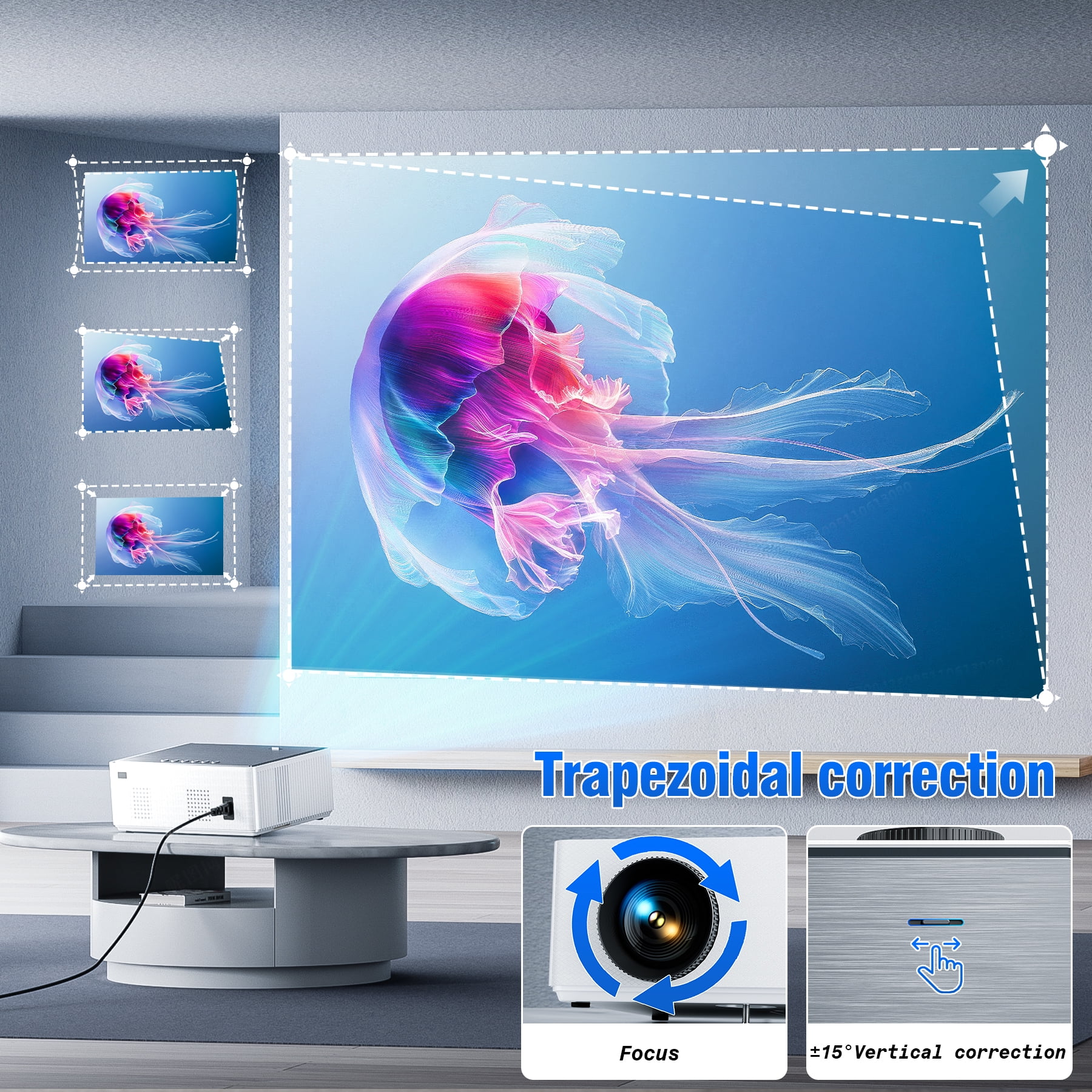 Losei 5G/2.4G WiFi Bluetooth Projector, 16000Lux 4K Support Movie Projector with HiFi Speaker 4P Keystone Correction 300"Display Compatible with TV Stick,Phone,HDMI/USB/TF/AV/AUX - Image 4