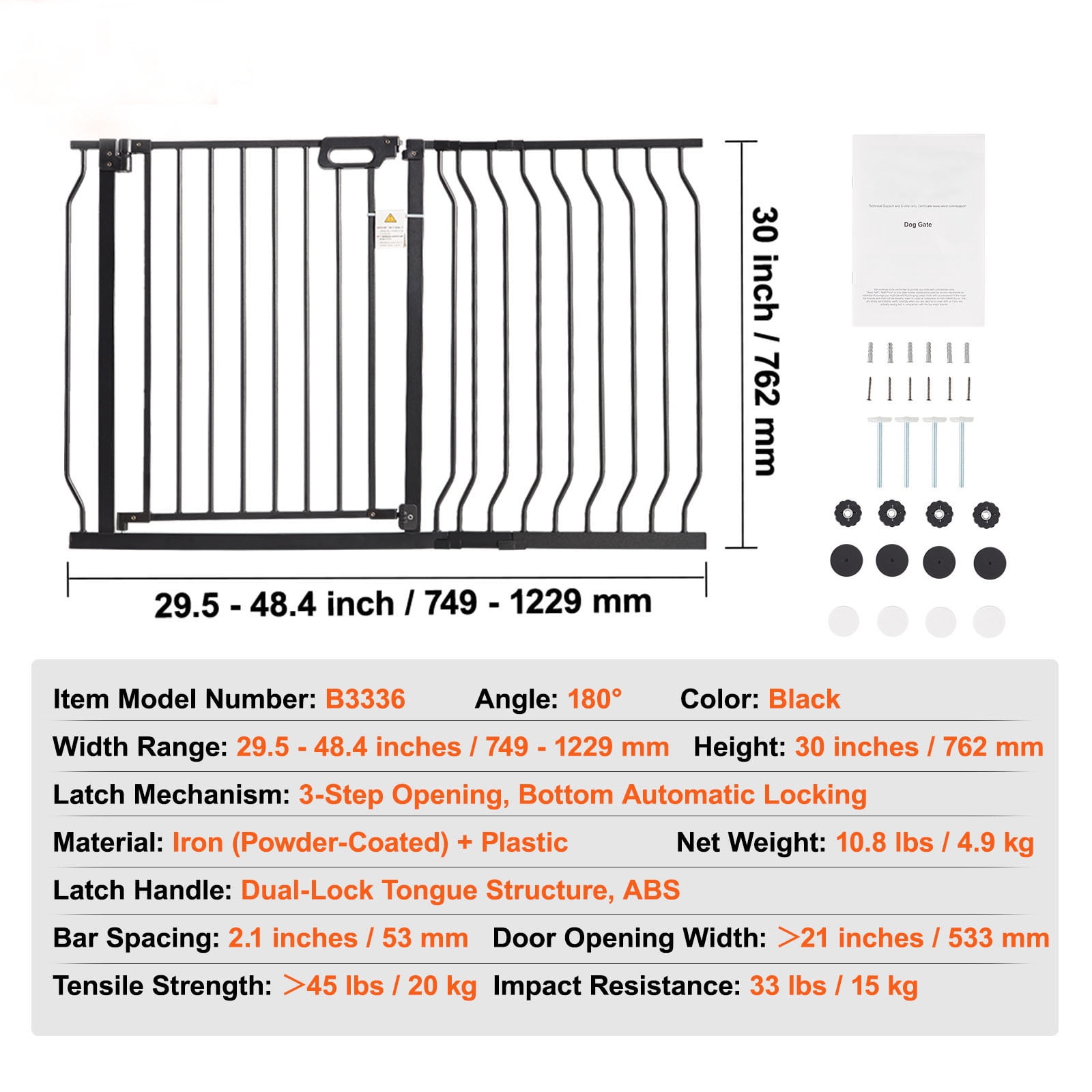 BENTISM 30" Extra Tall Baby Gate for Stairs Doorways, Fits Openings 29.5" to 48.4" Wide, Auto Close Extra Wide Dog Gate for House, Pressure Mounted Easy Walk Through Pet Gate with Door, Black - Image 3