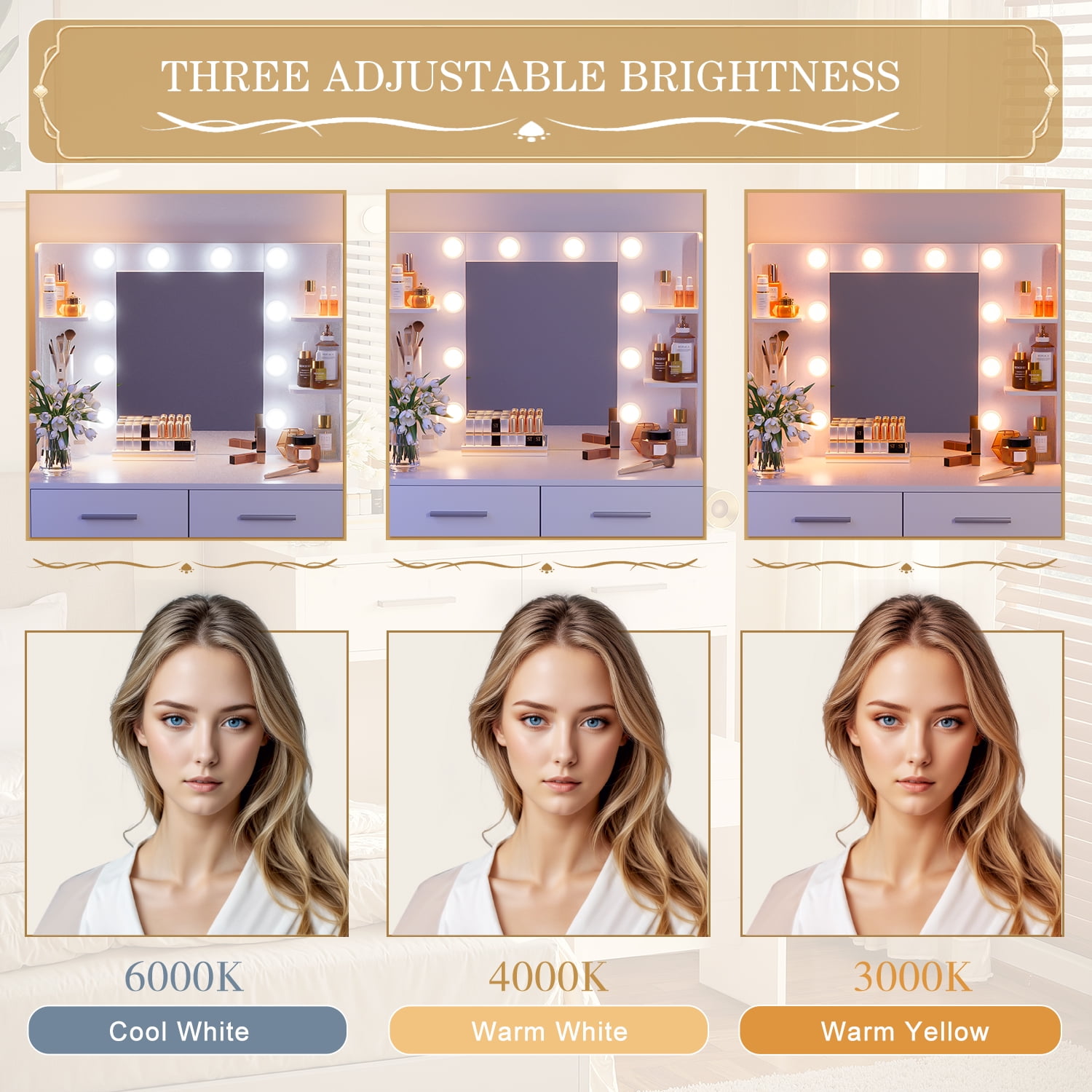 Vineego Makeup Vanity Desk with Lighted Mirror & Power Outlet, Makeup Vanity with 2 Drawers,White - Image 6