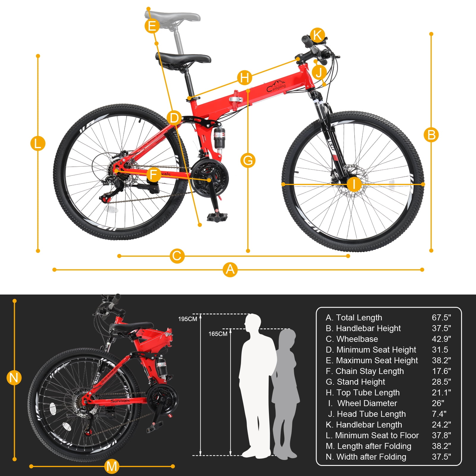 UBesGoo 26in Folding Mountain Bike for Men Women Shimano 21-Speed, with Disc Brakes, Red - Image 9