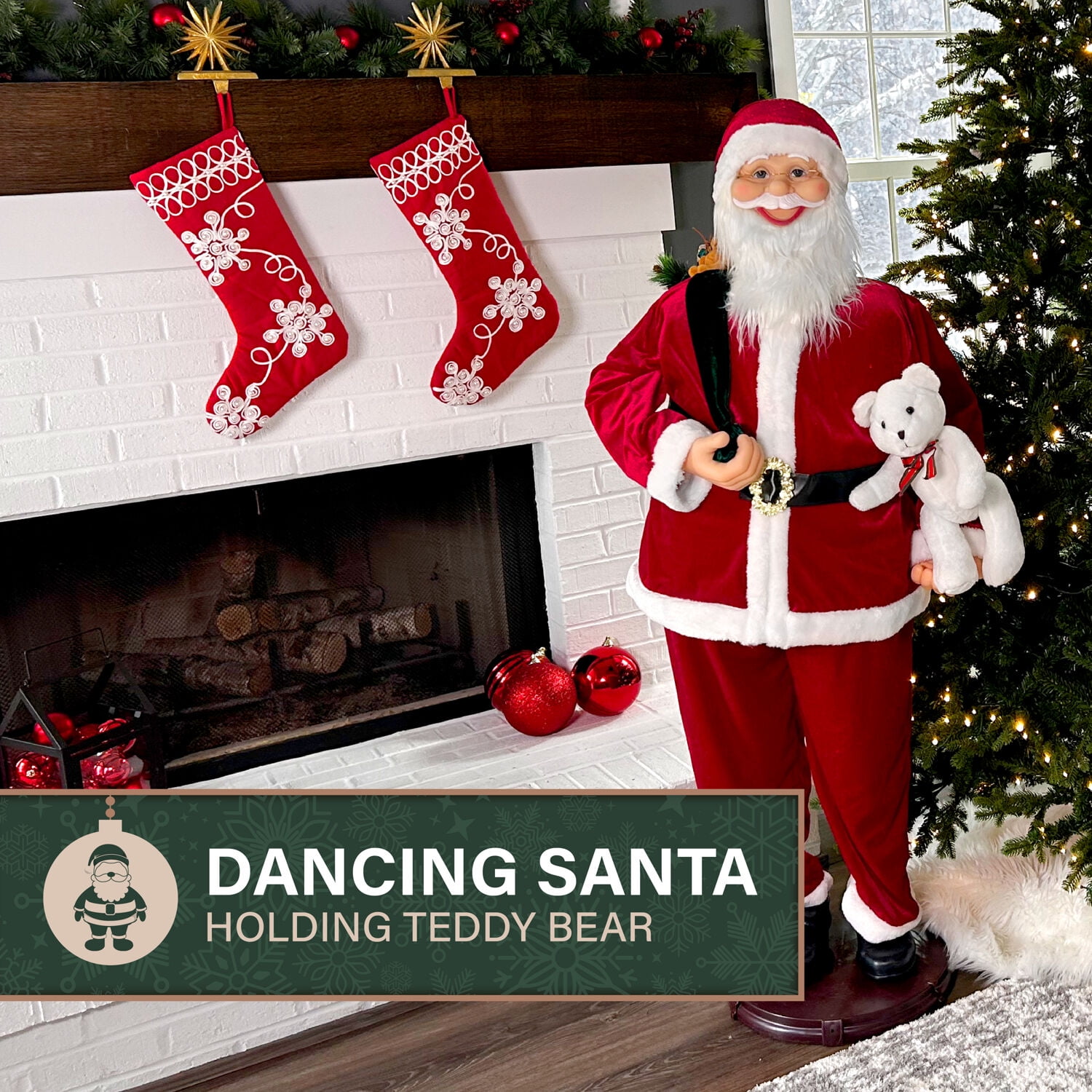 Fraser Hill Farm 4.8 ft Life-Size Dancing Santa Claus with Teddy Bear and Toy Sack Animatronic Figurine, FASC058D-14RED - Image 23