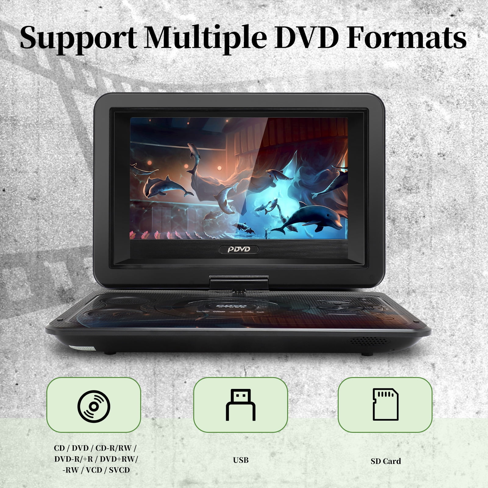 13.9inch Portable DVD Player, 10.1" Swivel Screen, Built-in Rechargeable Battery Car DVD Player, Support CD/DVD/SD Card/USB/Connect TV, Remote Control, Black - Image 9