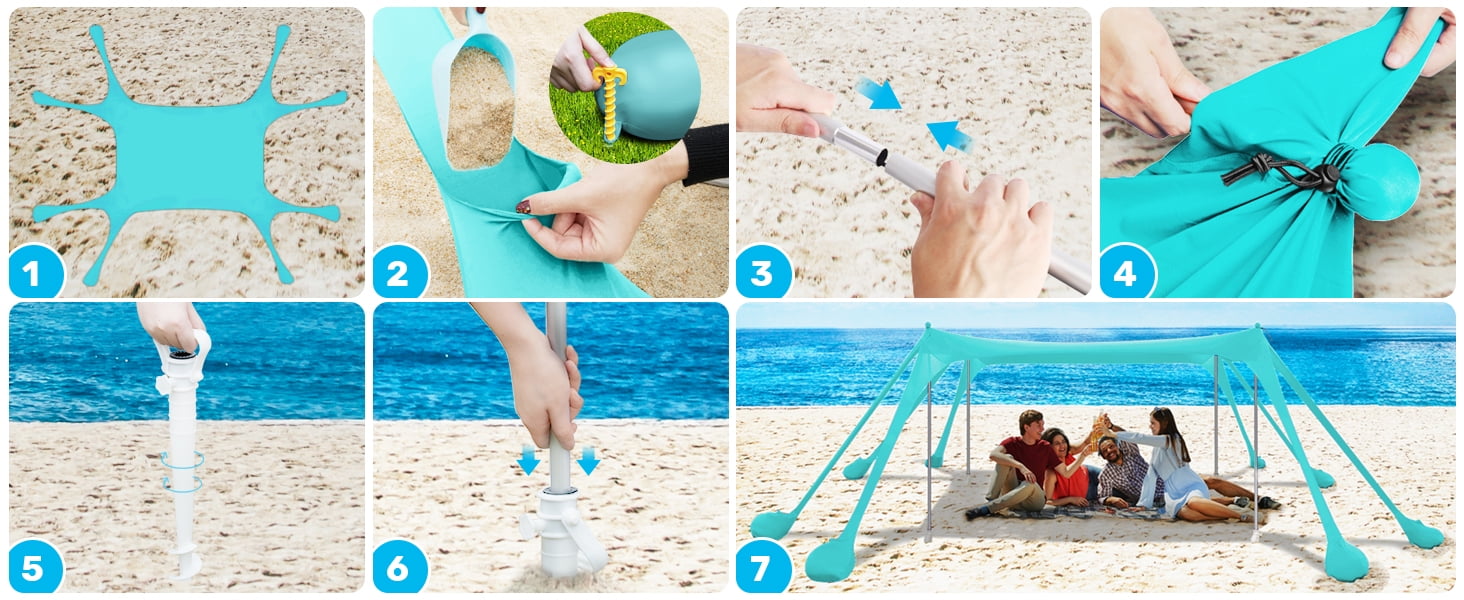 VECUKTY Beach Tent Sun Shelter 10 x 10FT with 8 Sandbags, UPF 50+ Protection Beach Shade Canopy, Outdoor Pop Up Shade Tent Turquoise - Image 6