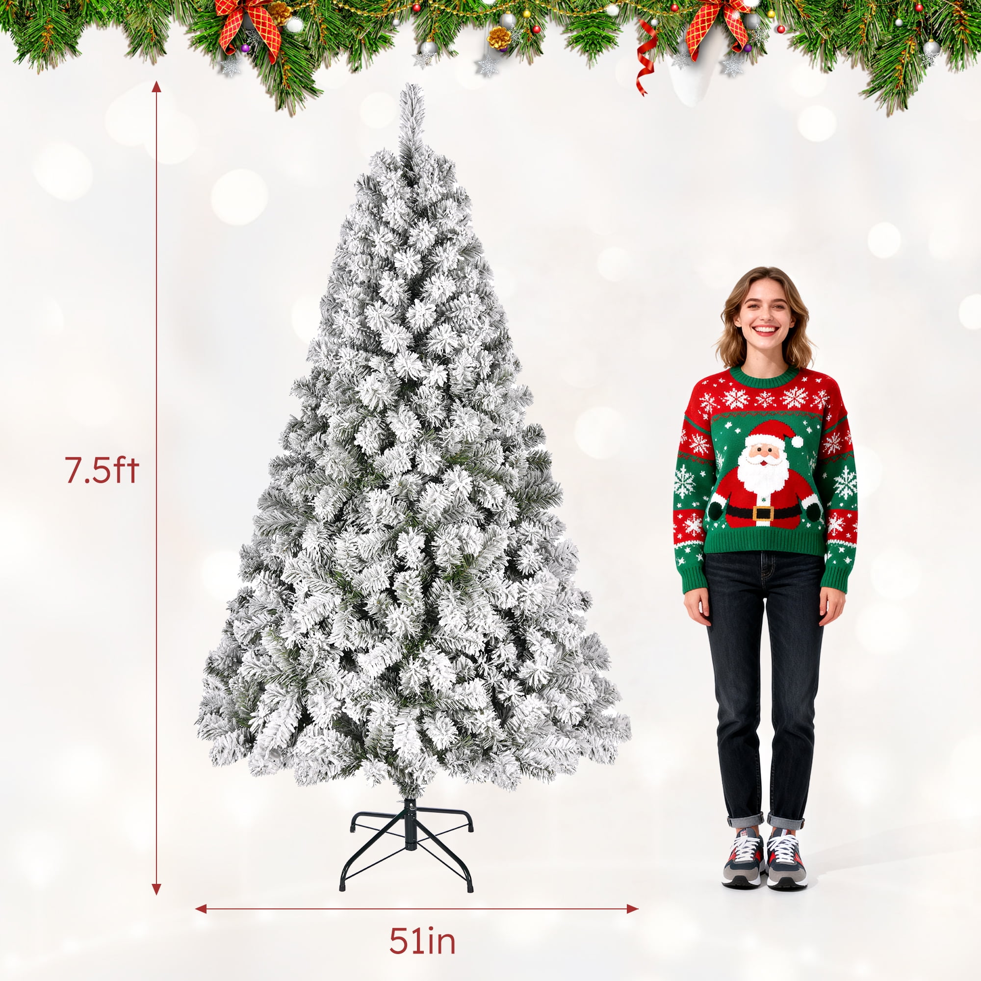 SUGIFT Snow Flocked Christmas Tree 7.5ft Full Artificial Tree with 1405 Tips Hinged Branches PVC Needles Foldable Metal Stand Easy Assembly Winter Wonderland Decor - Image 6