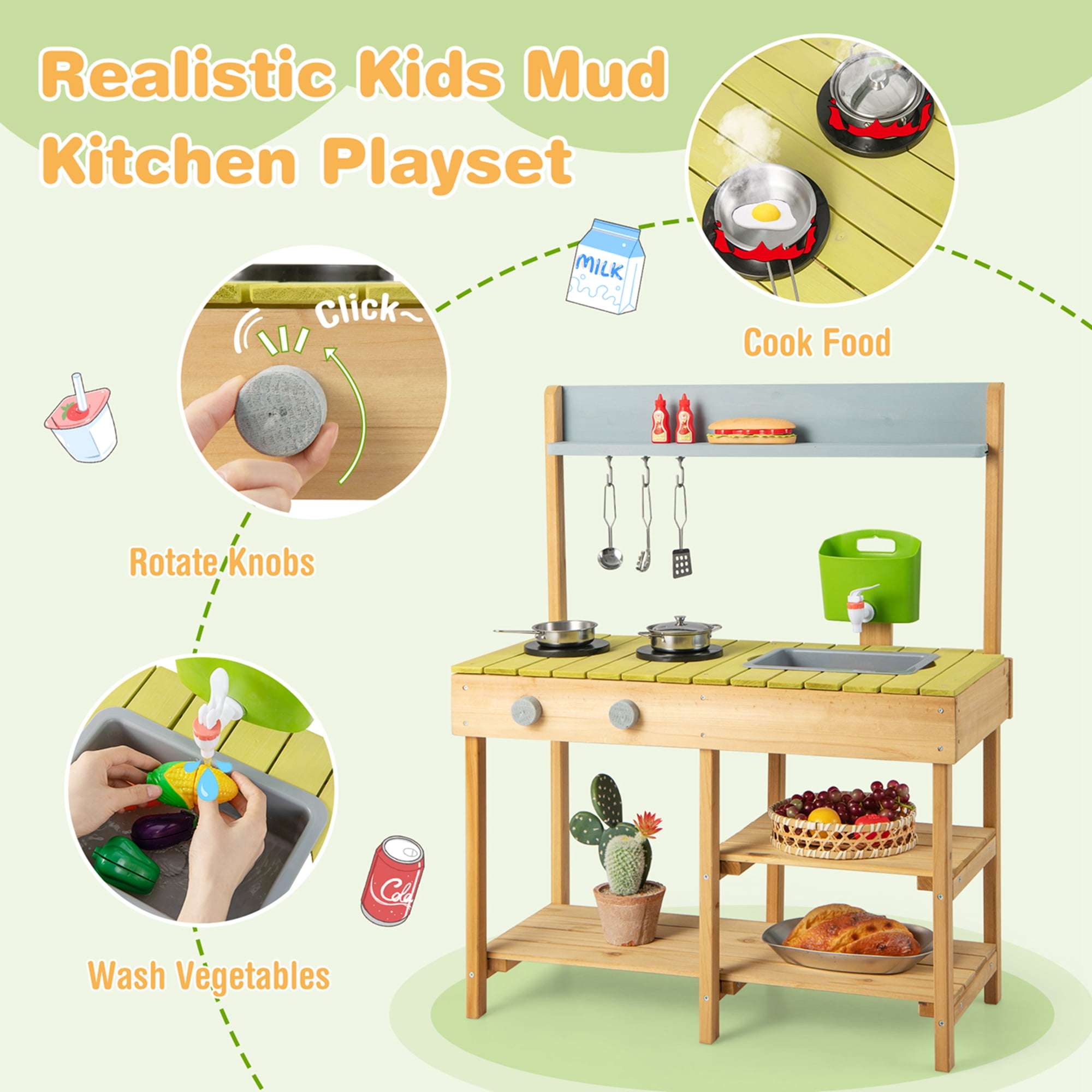 Costway Outdoor Mud Kitchen Set Fir Wood Kids Play Set with Removable Water Box - Image 9