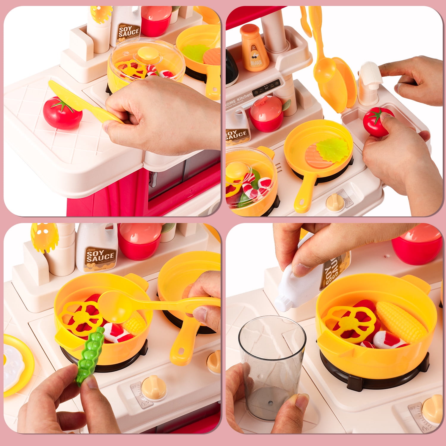 Zacro Play Kitchen Set for Kids, 48Pcs Kids Play Kitchen Toys with Realistic Lights & Sounds, Simulation of Play Sink, Toy Kitchen Set for Toddlers Girls Boys Gift, Pink - Image 4