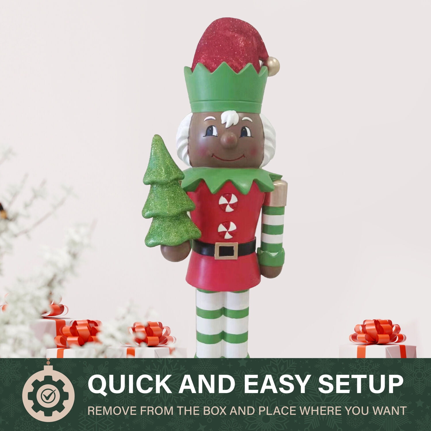 Fraser Hill Farm 48-inch African American Elf Nutcracker Figurine Holding Tree in Red/Green, FFMG048-0ELF-MLTAA - Image 13