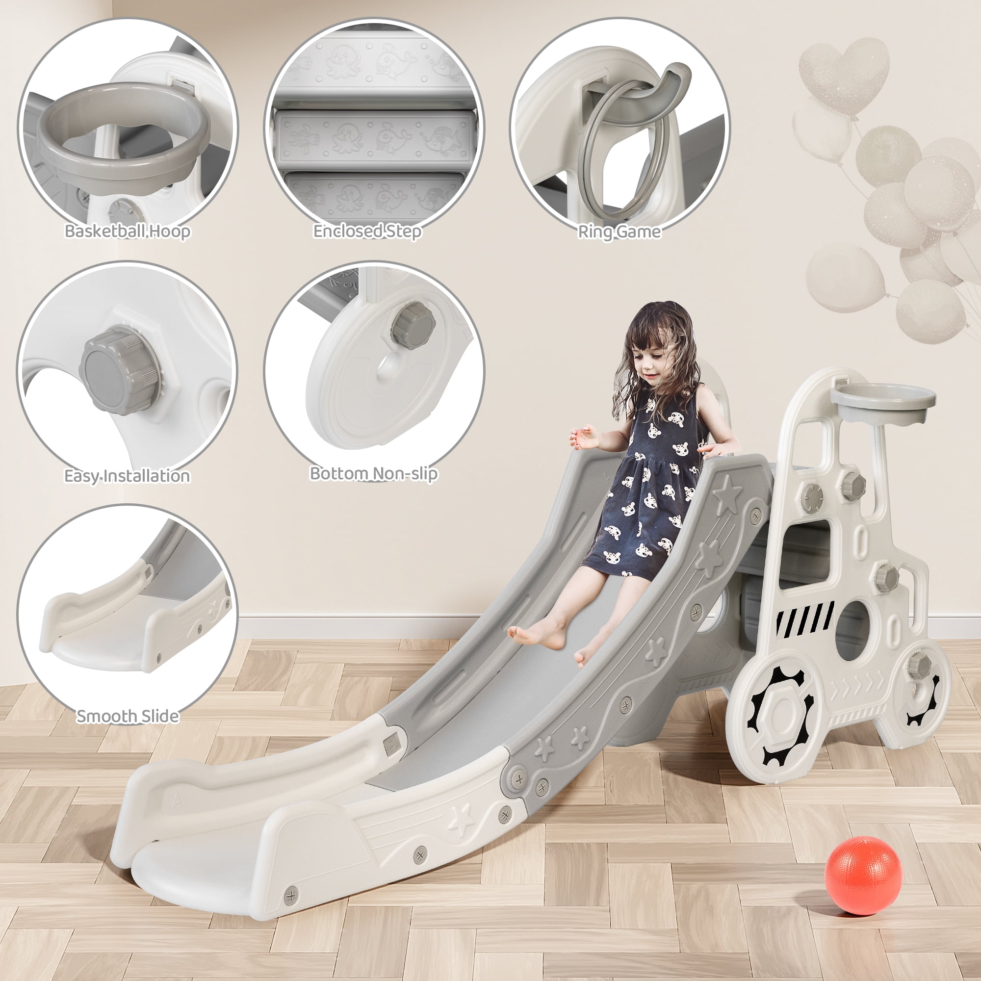 DUKE BABY Kids Slide - Indoor Outdoor Toddler Climbing Toy with Basketball Hoop for Kids Ages 3-5 - White - Image 5